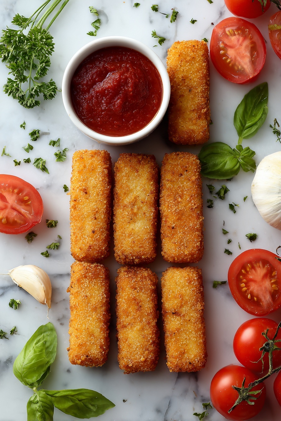 Flat lay of golden frozen mozzarella sticks arranged neatly in a row, a small bowl of rich red marinara sauce with fresh basil leaves scattered around, whole and sliced ripe tomatoes, a sprinkle of fresh parsley, and a few garlic cloves, placed on a white marble surface, photo taken with an iphone --ar 2:3 --v 7