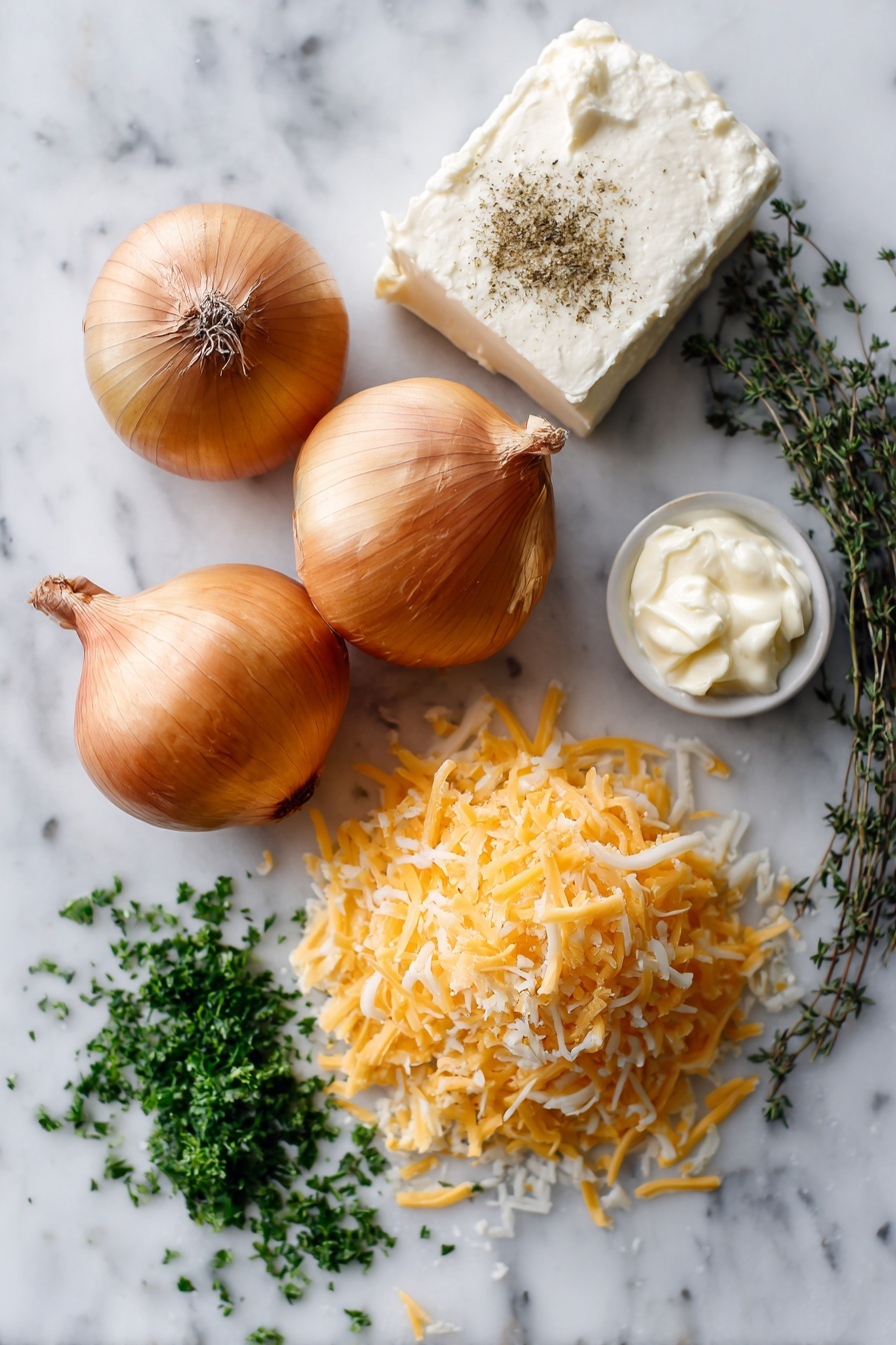 Flat lay of two large sweet Vidalia onions, a small pat of unsalted butter, a dollop of creamy mayonnaise, a block of soft cream cheese, a sprinkle of dried thyme and garlic powder, a pile of shredded sharp cheddar cheese and smoky gouda cheese side by side, and fresh chopped parsley scattered lightly around, all beautifully arranged and placed on a white marble surface, photo taken with an iphone --ar 2:3 --v 7