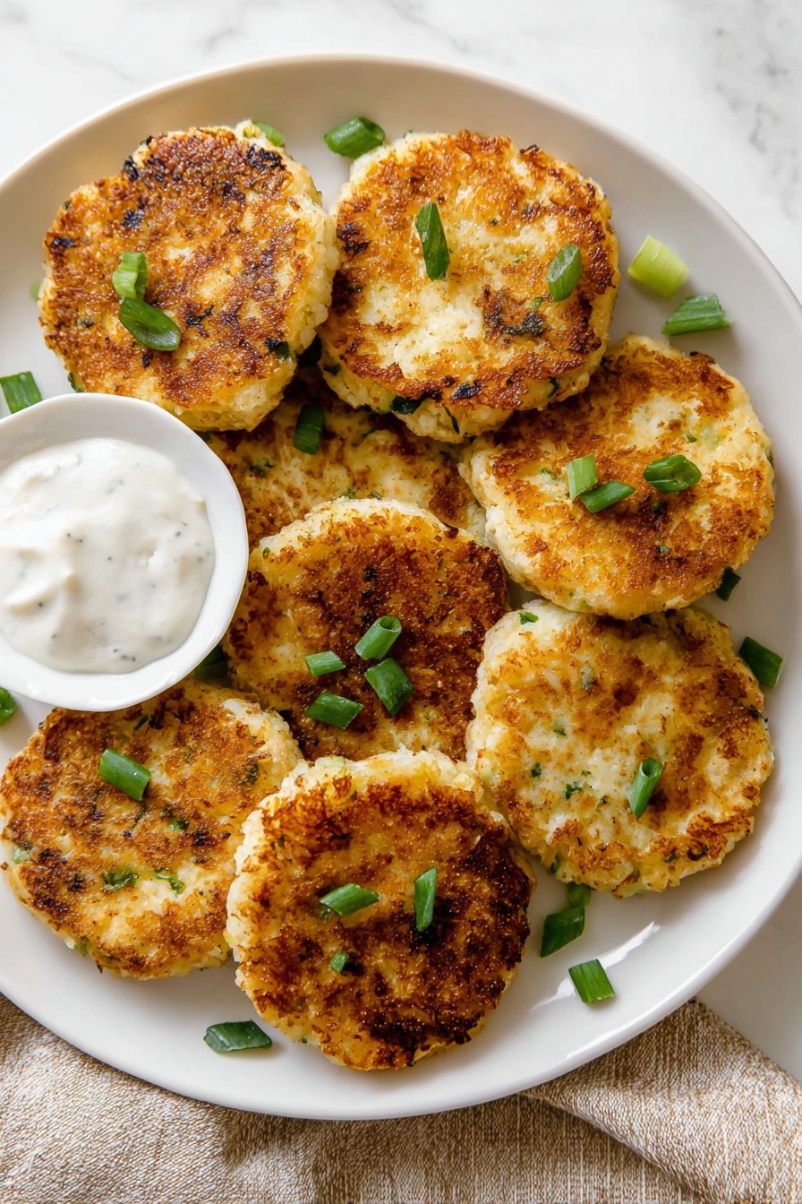 A white plate holds eight golden brown patties that look crispy on the outside with a soft, textured inside, arranged in a slightly overlapping circle. The patties are topped with small pieces of chopped green onions scattered evenly for a fresh color contrast. On the left side of the plate, there is a small white bowl filled with a smooth, white sauce. The plate sits on a white marbled surface with a hint of a light brown cloth under the plate's bottom edge. Photo taken with an iphone --ar 2:3 --v 7