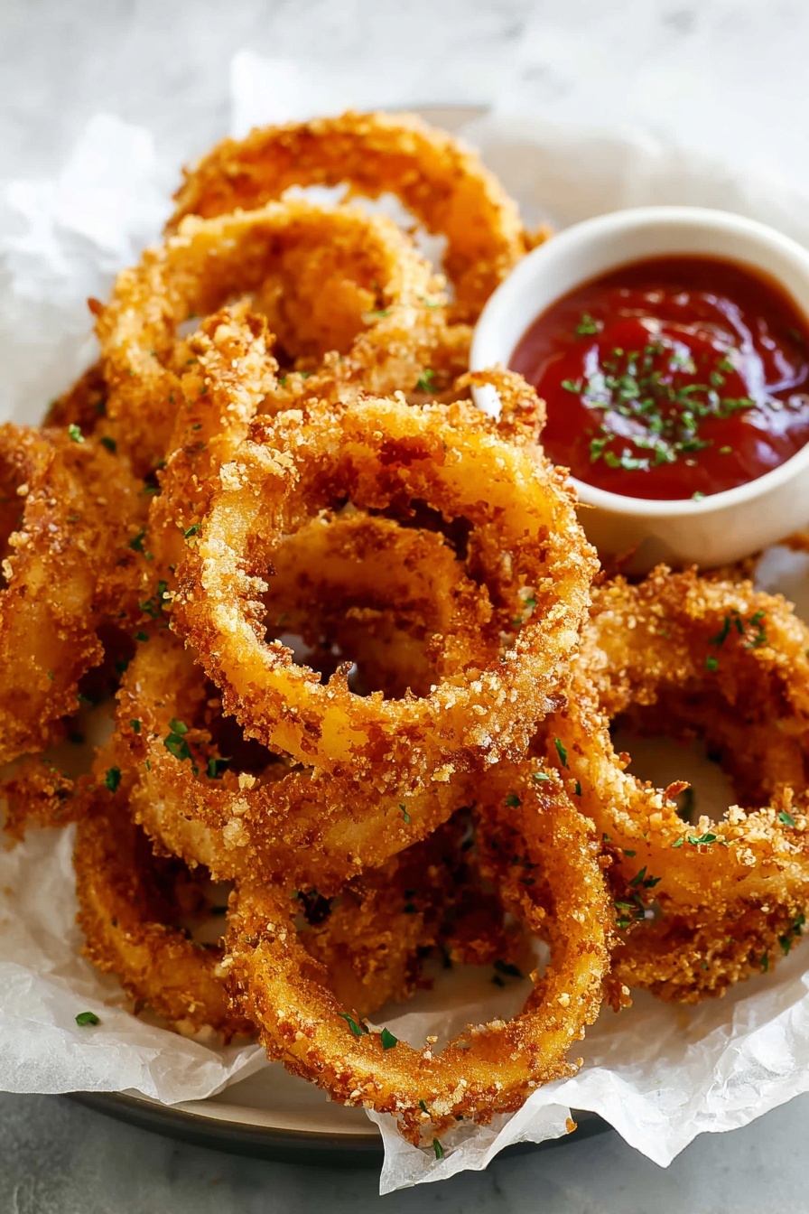 A plate filled with many golden brown onion rings stacked on each other, showing a crispy, textured coating with some small crumbs visible. The onion rings are sprinkled lightly with green herbs, adding a fresh contrast. On the right side of the plate, there is a small round white bowl with bright red ketchup topped with green herb bits. The plate is white and lined with crumpled white parchment paper underneath the onion rings. The background is a white marbled surface. Photo taken with an iphone --ar 2:3 --v 7