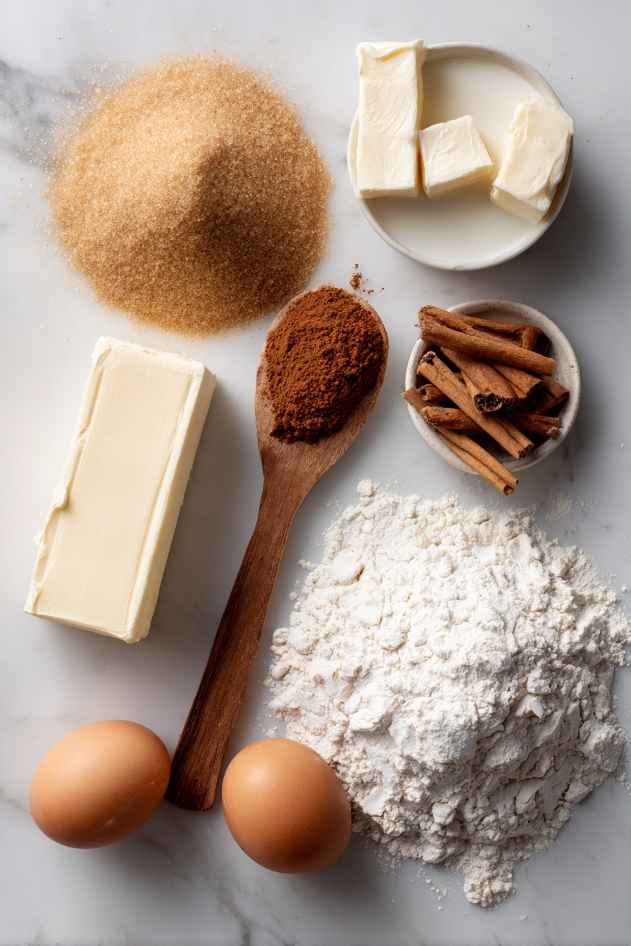 Flat lay of a small mound of light brown sugar, a stick of unsalted butter partially melted, a wooden spoon heaped with ground cinnamon, a smooth block of cream cheese softened, a pile of powdered sugar, two large brown eggs with a slight shine, a small bowl of whole milk, and a heap of all-purpose flour, all beautifully arranged with soft natural light highlighting their textures and colors, placed on a white marble surface, photo taken with an iphone --ar 2:3 --v 7