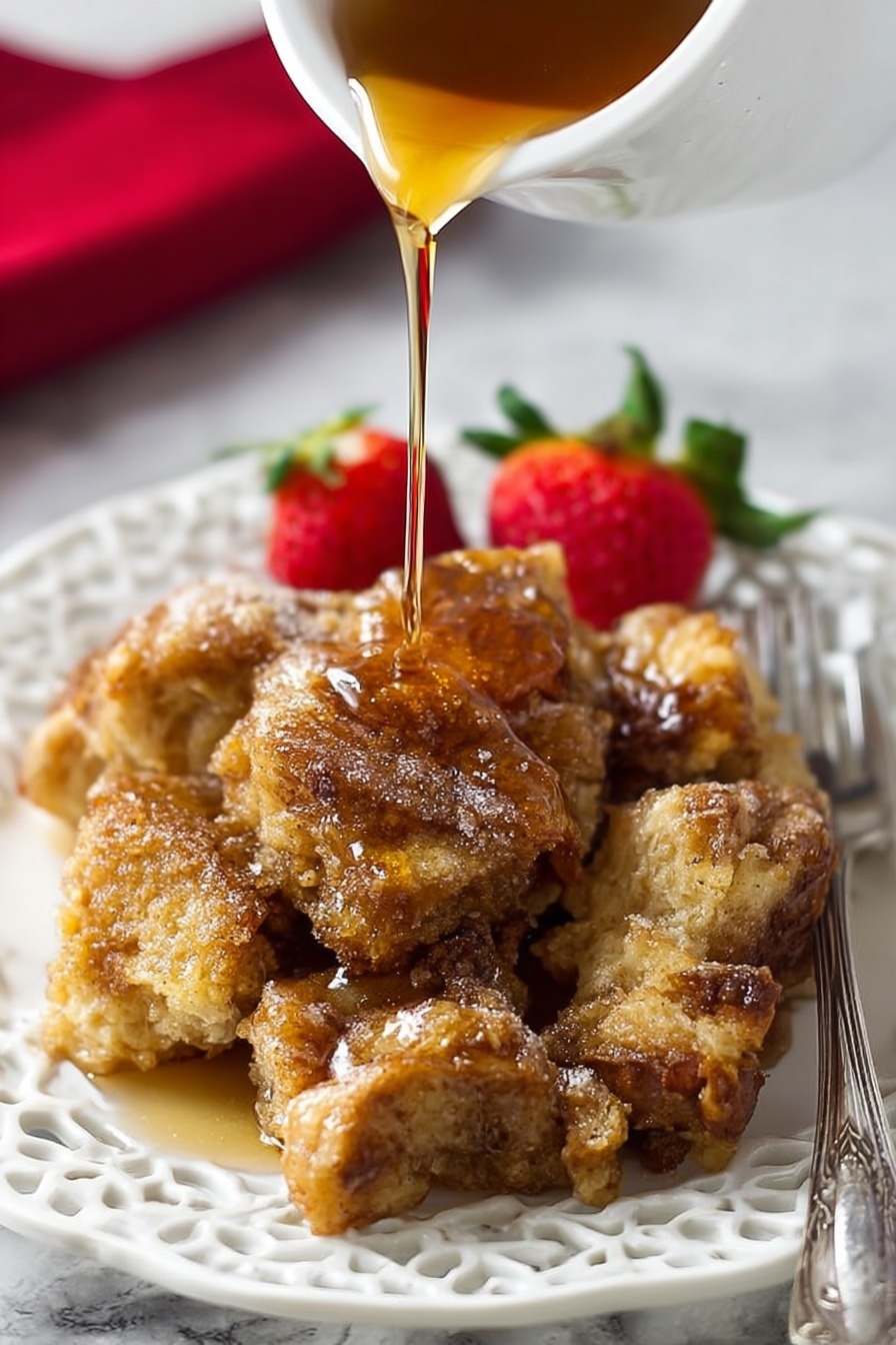 The dish shows a close-up of bread pudding in a white ceramic baking dish. There are many pieces of soft, golden brown bread layered closely together, some with a light crust and some darker caramelized edges. The top layer is sprinkled lightly with powdered sugar, creating a slight white dusting. The texture looks moist and soft, with the bread soaking in a creamy mixture that glistens slightly. A silver spoon is lifting a square portion of the pudding, showing the mix of crusty and soft textures with a warm, brown color from cinnamon or spices. The background is a white marbled surface. Photo taken with an iphone --ar 2:3 --v 7
