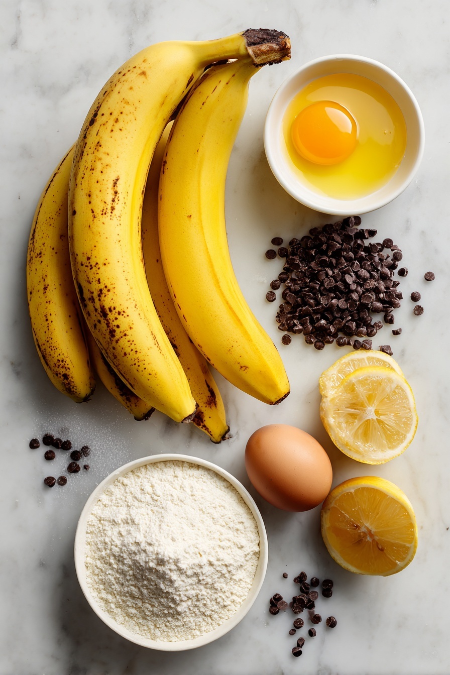 Flat lay of three very ripe bananas with a few peeled spots, a small pile of mini chocolate chips scattered nearby, a neat mound of granulated sugar, a pool of melted golden butter, two whole fresh eggs, a lemon cut in half with bright yellow flesh visible, and a small heap of white all-purpose flour, all beautifully arranged with soft natural light highlighting their textures and colors, placed on a white marble surface, photo taken with an iphone --ar 2:3 --v 7