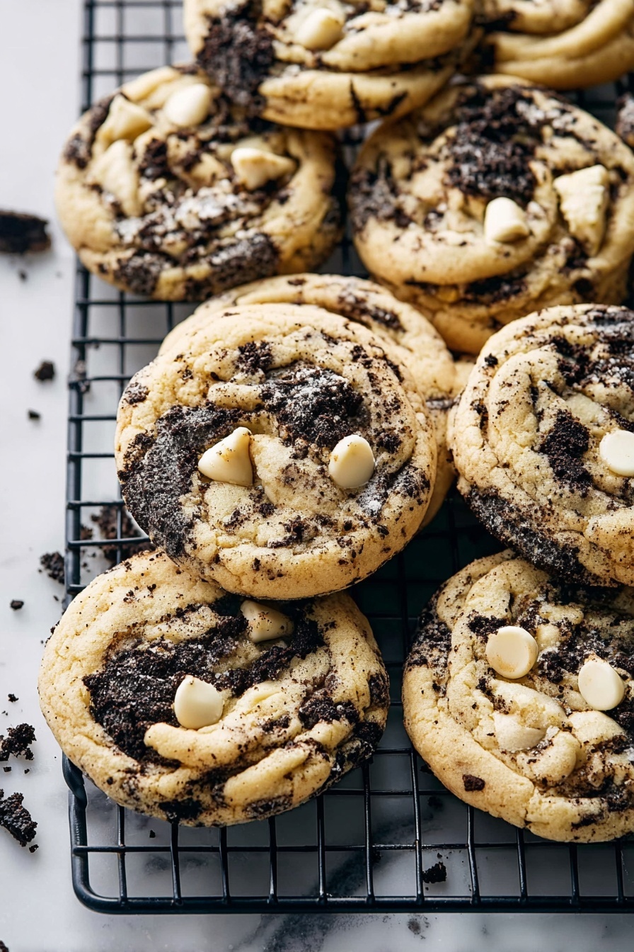A group of round cookies is shown on a black cooling rack, placed on a white marbled surface. Each cookie has one thick layer with a light golden-brown color swirled with dark cookie crumbs and dotted with white chocolate chips. The cookies have a soft texture with some cracks on top, and bits of dark cookie crumbs are scattered around the rack. Photo taken with an iphone --ar 2:3 --v 7