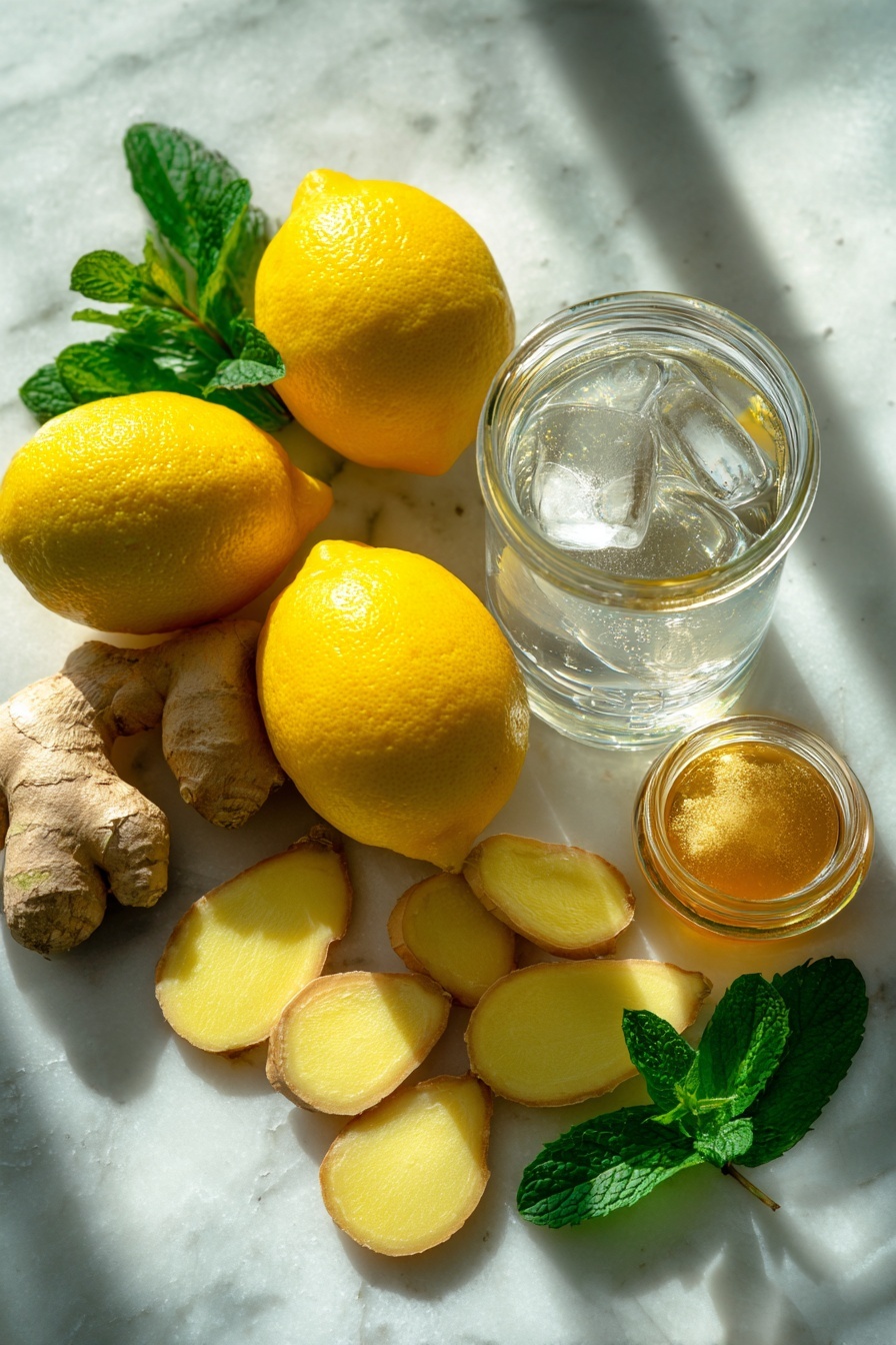 Flat lay of fresh ginger slices, a small jar of golden honey, bright Meyer lemons both whole and halved, a handful of vibrant green mint leaves, and a glass of clear water with ice cubes, all beautifully arranged with natural light highlighting their textures and colors, placed on a white marble surface, photo taken with an iphone --ar 2:3 --v 7