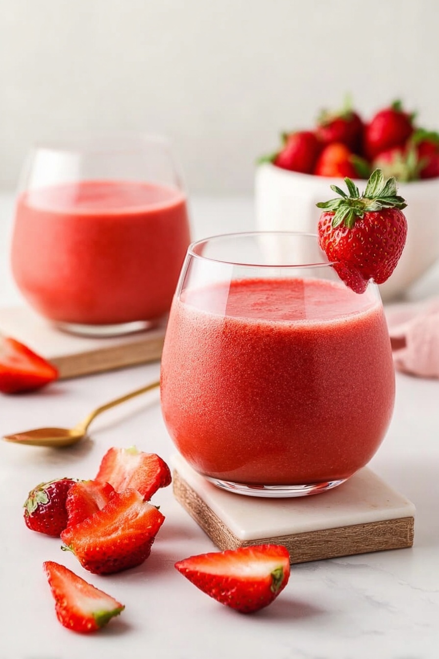 A clear glass stemmed dessert cup is filled with a thick, smooth, bright red strawberry sorbet. On top, two fresh strawberry slices with a vibrant red color and visible seeds are placed side by side on a small metal skewer that rests across the cup’s rim. Around the cup, some red strawberry slices are scattered on a white notebook with faint grid lines, all set on a white marbled surface. In the background, a clear glass holds a pinkish-red drink, and a gold spoon lies nearby, all softly out of focus. photo taken with an iphone --ar 2:3 --v 7