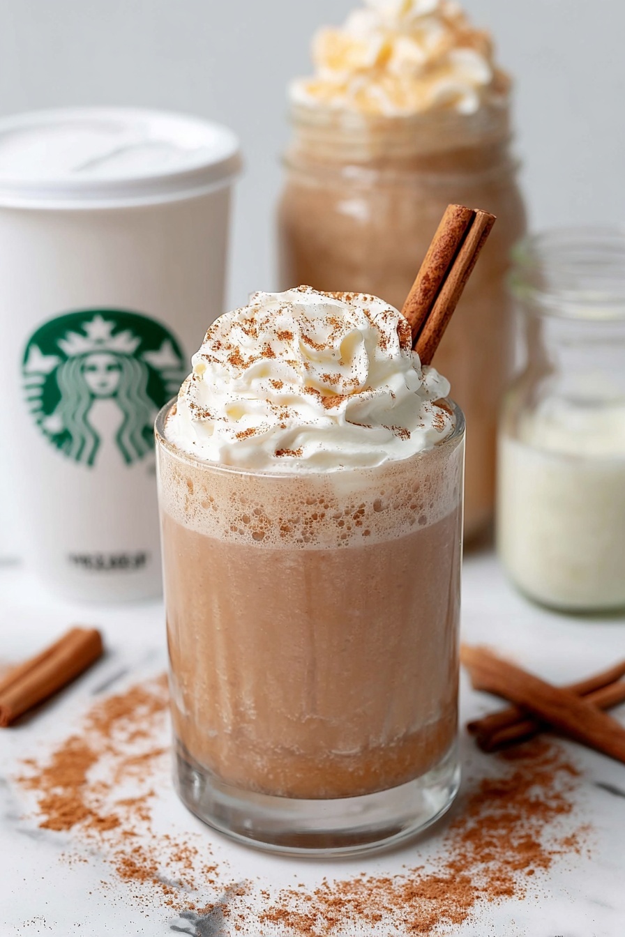 The image shows a clear glass filled with a light brown drink topped with thick white whipped cream dusted with a bit of cinnamon powder. Stuck into the whipped cream is a cinnamon stick standing upright. Around the glass, there are cinnamon powder sprinkles on a white marbled surface, with a white Starbucks cup with a lid and green logo in the background. Another glass with a lighter whipped cream topping and a small glass of milk or cream are also partially visible behind and near the main glass. Photo taken with an iphone --ar 2:3 --v 7
