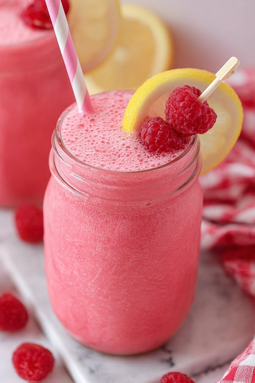 A bright pink smoothie fills a clear glass jar to the top, with a frothy texture on the surface. A thin slice of yellow lemon is placed on the rim, and a wooden skewer with three red raspberries rests across the jar just behind the lemon. A pink and white striped straw stands in the jar near the lemon slice. The jar sits on a white marbled surface, with a few loose raspberries nearby and a red and white checkered cloth partially visible on the right side. Another similar jar with the same smoothie and lemon slice is slightly blurred in the background. Photo taken with an iphone --ar 2:3 --v 7