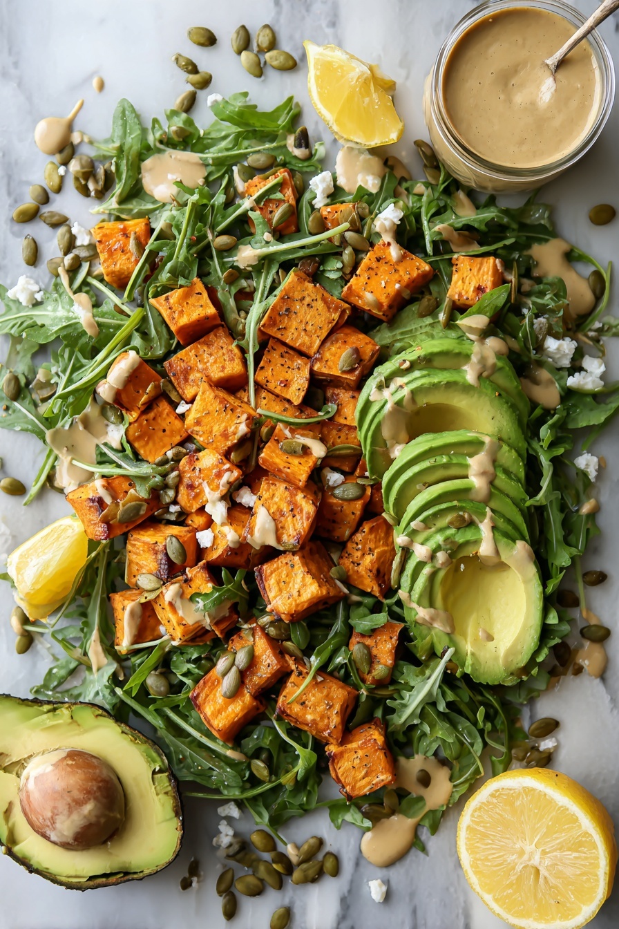 Flat lay of roasted sweet potato cubes with golden edges, fresh bright green arugula leaves, creamy pale green avocado slices, crumbly white feta cheese, lemon wedge with visible juicy pulp, and scattered toasted pepitas with a rich brown color, all arranged beautifully with a few drops of tahini dressing glistening on the sweet potatoes, placed on a white marble surface, photo taken with an iphone --ar 2:3 --v 7