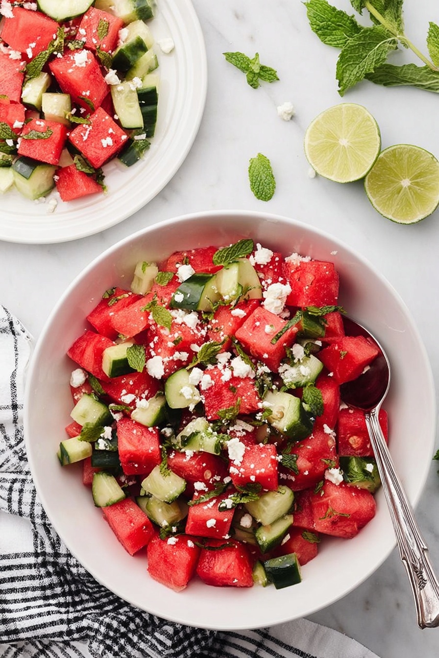 A white bowl filled with a watermelon salad made of two main layers: large, bright red watermelon cubes and dark green cucumber pieces, all evenly mixed. The salad is topped with scattered white crumbly cheese and small chopped fresh green mint leaves, adding texture and color contrast. A silver spoon is resting inside the bowl, scooping part of the salad, showing the cubes clearly. In the background on a white marbled surface, there is a smaller white plate with more watermelon salad, green mint sprigs, a black and white checkered cloth, and two halved limes for decoration. Photo taken with an iphone --ar 2:3 --v 7