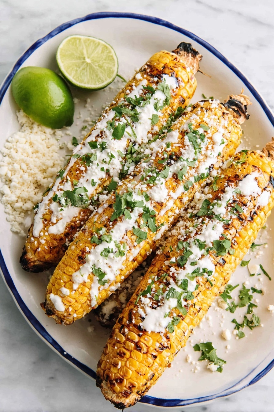 Three grilled corn on the cobs lie side by side on a white plate with a blue rim, each one covered in a layer of creamy white sauce, sprinkled with small crumbs of white cheese, and scattered with chopped green herbs. At the top left corner of the plate, there is a wedge of bright green lime and a small pile of crumbled cheese. The background is a white marbled texture. Photo taken with an iphone --ar 2:3 --v 7
