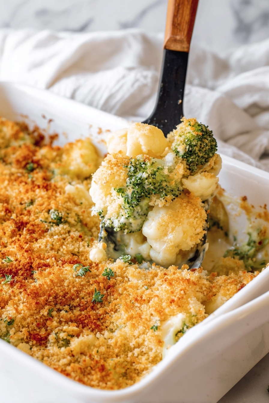 The image shows a white square baking dish filled with a broccoli and cheese casserole topped with a golden brown breadcrumb layer. A black spatula with a wooden handle is lifting a portion from the dish, revealing bright green broccoli and soft white cauliflower pieces covered in creamy melted cheese under the crunchy crumb topping. The casserole surface is textured with a crunchy, toasted breadcrumb layer that covers the entire dish. The background and surface have a white marbled texture, and a soft white cloth is partly visible behind the dish. photo taken with an iphone --ar 2:3 --v 7