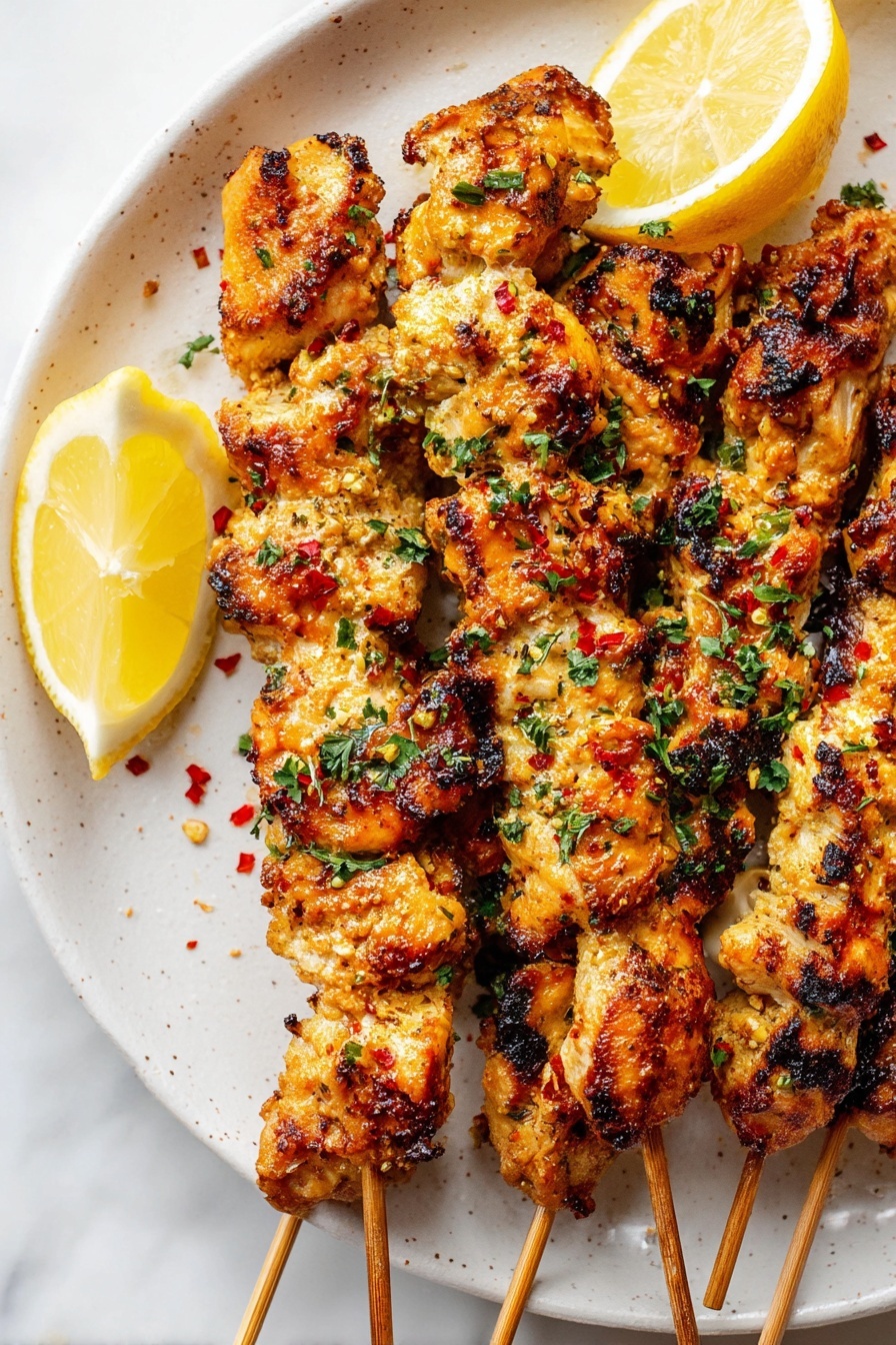 The image shows several skewers of grilled chicken pieces placed on a white plate. The chicken is golden brown with darker char marks, giving it a crispy texture. It is sprinkled with green herbs and red chili flakes, adding color and texture. On top of the skewers, there are two lemon wedges placed near the center, adding a bright yellow contrast. The plate rests on a white marbled surface. photo taken with an iphone --ar 2:3 --v 7