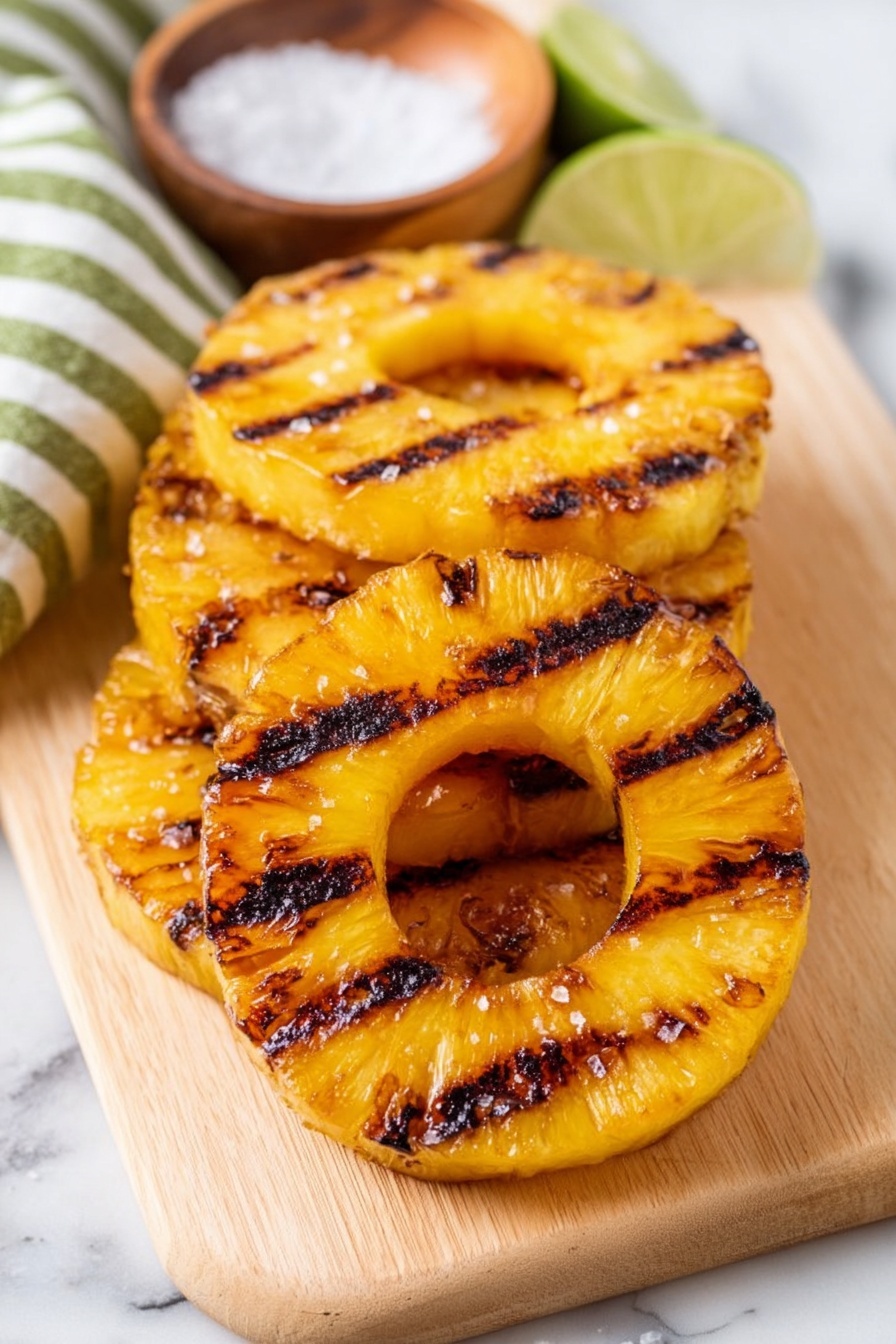 The image shows four thick rings of grilled pineapple stacked on a light wooden board, each ring with charred dark brown grill marks evenly spaced on the bright yellow flesh. The pineapples look juicy with some caramelized spots adding texture and color variation. Part of a green and white striped cloth is seen on the left, along with a small wooden bowl containing salt and a wedge of lime. The surface under the board is white with a marbled texture. photo taken with an iphone --ar 2:3 --v 7