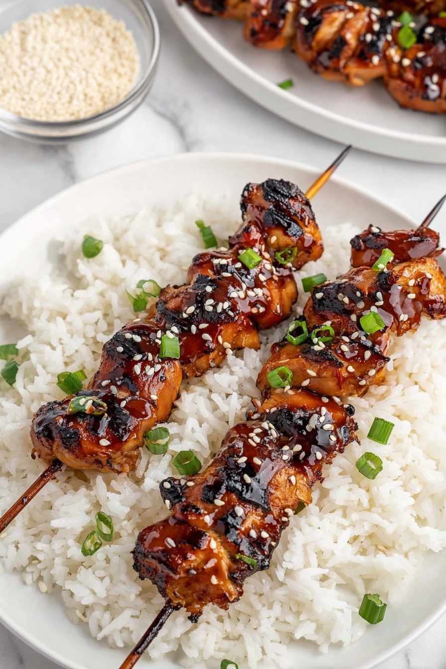 A white plate filled with a bed of fluffy white rice as the base layer, topped with two wooden skewers of grilled chicken pieces coated in a shiny, dark brown glaze with some charred spots. The chicken is garnished with small pieces of bright green chopped scallions and white sesame seeds scattered on top. In the background, there is a white marbled surface and a small round clear bowl filled with white sesame seeds, along with part of another white plate holding more glazed chicken skewers. The photo taken with an iphone --ar 2:3 --v 7