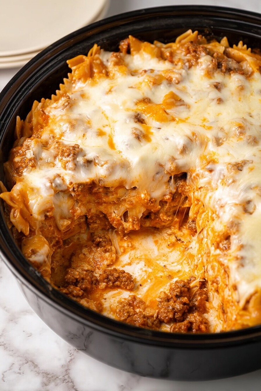 The image shows a black round dish filled with multiple layers of a baked lasagna-like food. The top layer is covered with melted white cheese that looks soft and slightly brown in places. Below the cheese, there are layers of orange sauce mixed with bits of meat and pasta sheets. The food has a thick texture and some of it is scooped out from the center, revealing the different layers clearly. The dish is placed on a white marbled surface, with a small white plate nearby. The photo taken with an iphone --ar 2:3 --v 7