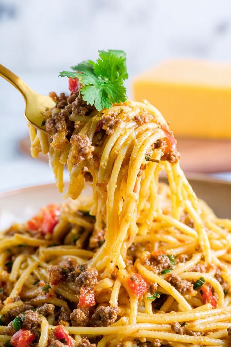 The image shows a close-up of spaghetti pasta mixed with ground meat and small chunks of red tomato pieces, lifted by a golden fork. The pasta strands are light yellow and coated with a sauce that has a slightly oily texture. There is a single green leafy herb, possibly cilantro, on top of the lifted spaghetti. The background has a block of yellow cheese blurred, and the whole scene is set on a white marbled surface. Photo taken with an iphone --ar 2:3 --v 7