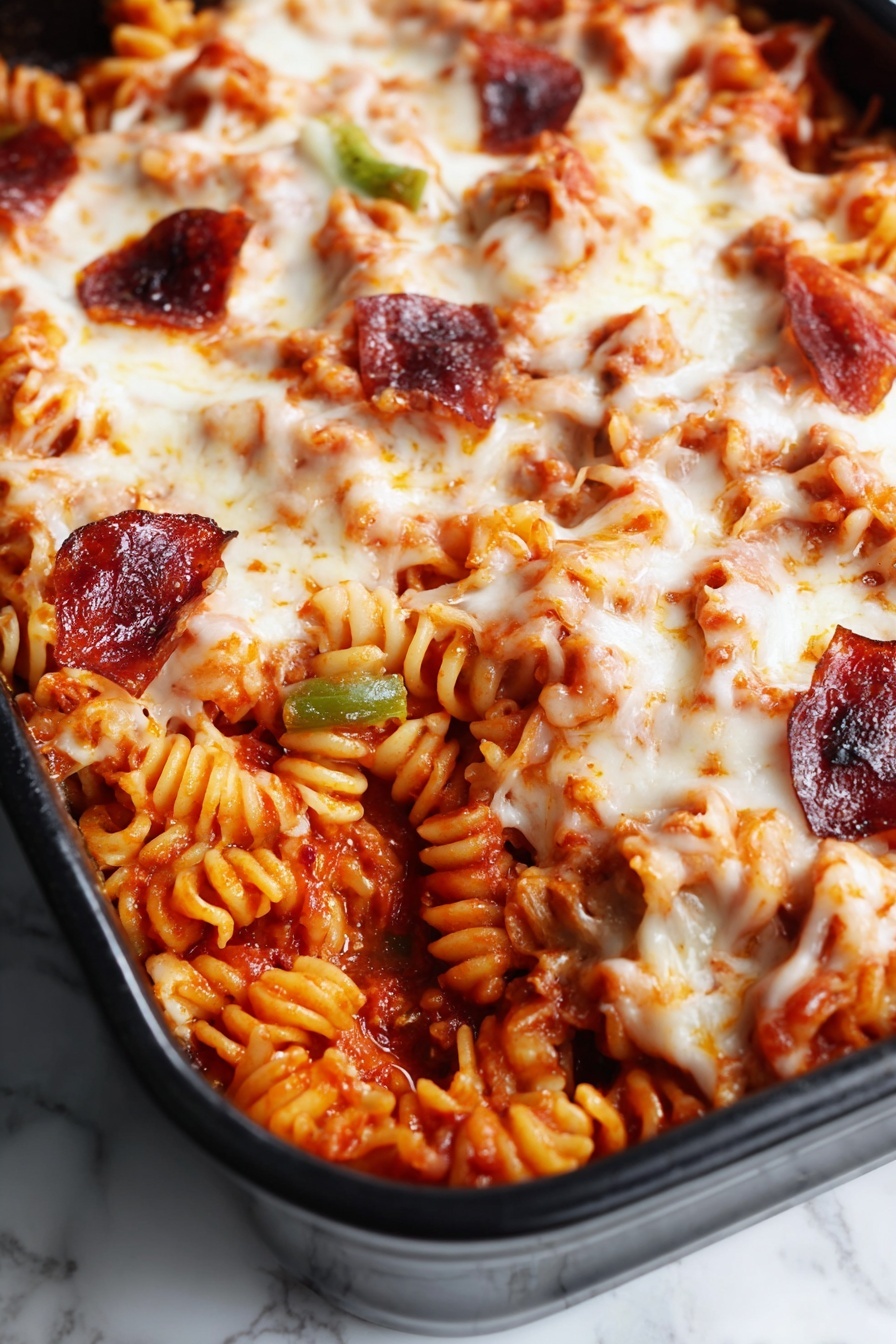 This image shows a close-up of a baked pasta dish in a black baking dish placed on a white marbled surface. The dish has three visible layers: the bottom layer is red tomato sauce with chunks of meat; the middle layer consists of curly rotini pasta coated with sauce, creating a mix of orange and red hues; the top layer is melted white cheese spread unevenly, with dark red pepperoni slices and small green bell pepper pieces scattered on top. The cheese appears slightly browned in some spots, blending with the pasta and toppings around it. Photo taken with an iphone --ar 2:3 --v 7