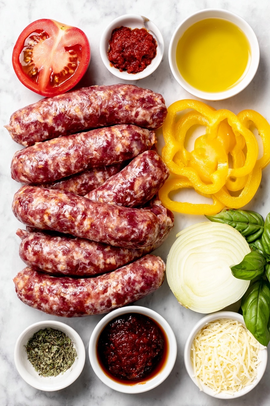 Flat lay of fresh Italian sausage links with natural casings, a small white bowl of golden olive oil, two vibrant bell peppers—one red and one yellow—sliced into rings, a large yellow onion thinly sliced, a small white bowl filled with deep red tomato paste, a small white bowl of finely minced fresh garlic, a small white bowl containing bright red crushed red pepper flakes, a small white bowl of clear low-sodium chicken broth, a small white bowl of dark balsamic vinegar, a ripe Roma tomato halved and sliced, a small white bowl of freshly chopped bright green basil leaves, a small white bowl of dried oregano, a small white bowl filled with finely shredded pale yellow Parmesan cheese, and a few sprigs of fresh basil for garnish—all arranged symmetrically and balanced on a clean white marble surface, soft natural light, photo taken with an iPhone, professional food photography style, fresh ingredients, white ceramic bowls, no bottles, no duplicates, no utensils, no packaging --ar 2:3 --v 7 --p m7354615311229779997