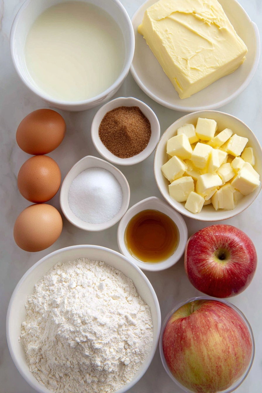 Flat lay of a small white ceramic bowl of warm milk, a few teaspoons of active dry yeast granules beside it, a tablespoon of brown sugar in a small white bowl, four tablespoons of salted butter cut into chunks on a white plate, three large whole brown eggs with clean shells, a heap of all-purpose flour on a white plate, a small white bowl with kosher salt, a small white bowl with brown sugar, a small white bowl with granulated sugar, a small white bowl with ground cinnamon, two fresh Honeycrisp apples, chopped into chunks on a white plate, a small white bowl with softened salted butter, a block of cream cheese on a white plate, a small white bowl with amber maple syrup, a small white bowl with powdered sugar, and a small white bowl of vanilla extract, all arranged symmetrically and balanced, placed on a clean white marble surface, soft natural light, photo taken with an iPhone, professional food photography style, fresh ingredients, white ceramic bowls, no bottles, no duplicates, no utensils, no packaging --ar 2:3 --v 7 --p m7354615311229779997