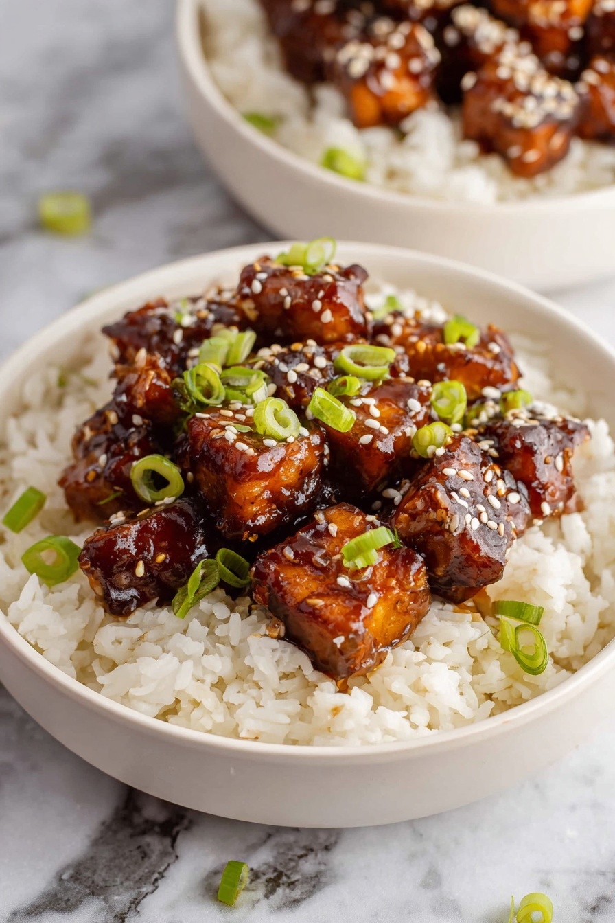 Crispy Orange Tofu - The dish shows a white bowl filled with a base layer of soft, fluffy white rice. On top is a second layer of small, shiny, dark brown glazed tofu cubes that look sticky and smooth. The tofu pieces are sprinkled with small white sesame seeds and garnished with thinly sliced green onions scattered across the top, adding green color contrast. Another bowl with the same dish is partly visible in the background and the whole scene sits on a white marbled surface. Photo taken with an iphone --ar 2:3 --v 7