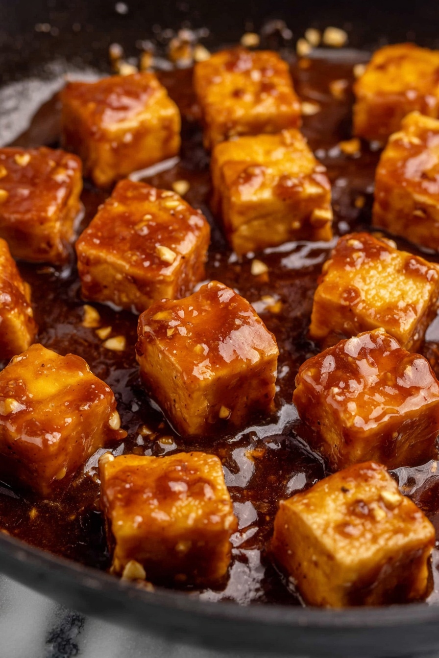 Crispy Orange Tofu - The image shows a close-up of small, golden-brown tofu cubes covered in a shiny, thick, dark brown sauce with visible small bits of garlic or spices. The tofu pieces have a slightly crisp texture on the outside and are arranged closely together, sitting in the rich sauce, inside a black pan. The background is a white marbled texture. photo taken with an iphone --ar 2:3 --v 7