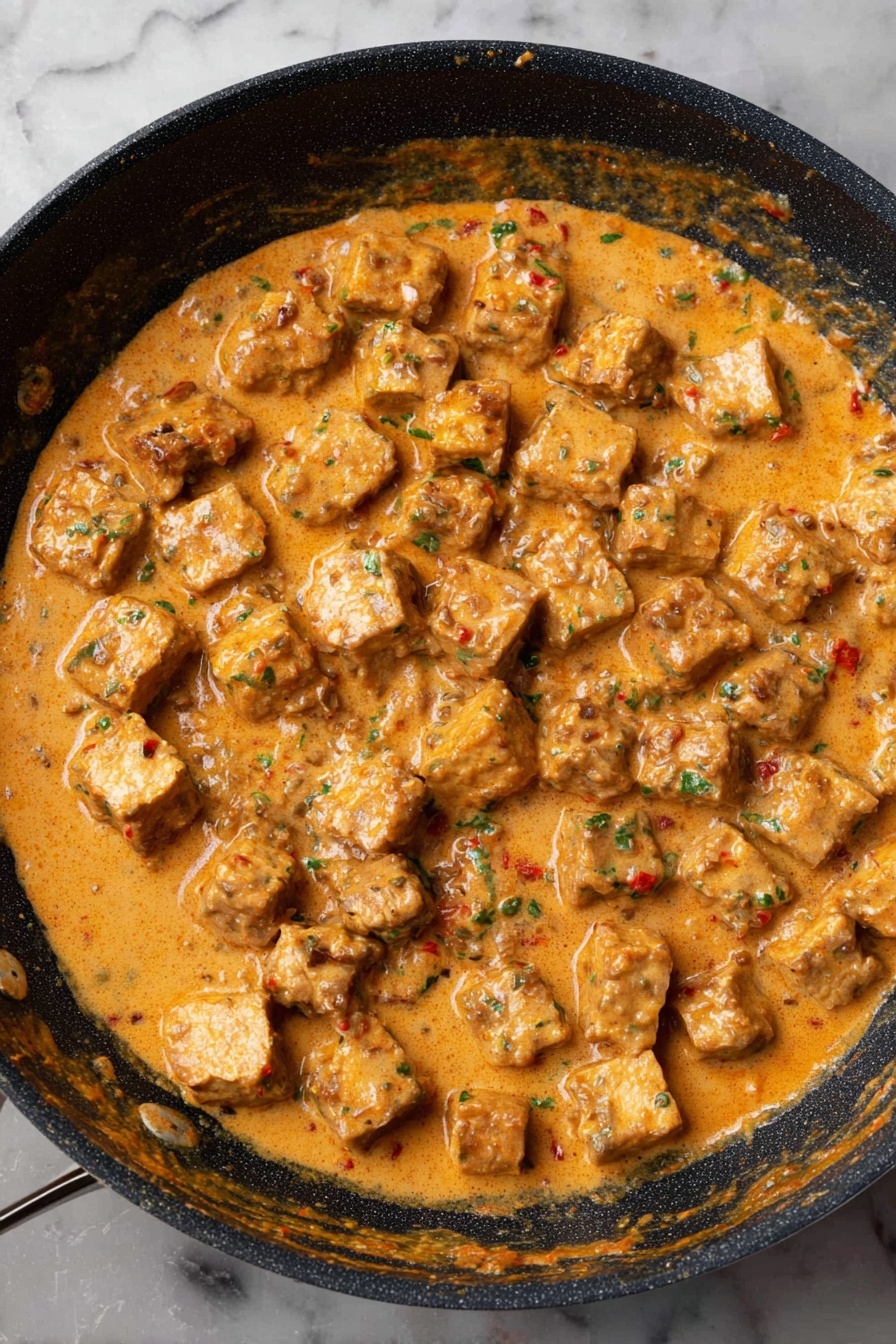 Marry Me Tofu - A white bowl with a brown rim holds a layer of fluffy white rice at the bottom. On top is a pile of creamy, light brown meatballs mixed with visible bits of green herbs and small pieces of red sun-dried tomatoes. The meatballs have a slightly rough texture with some shredded cheese sprinkled over them. The bowl sits on a white marbled surface. photo taken with an iphone --ar 2:3 --v 7
