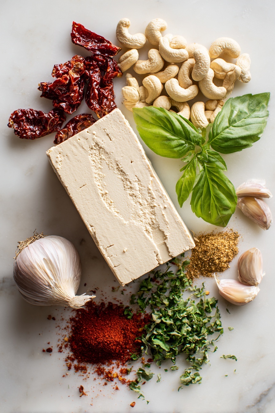 Marry Me Tofu - Flat lay of firm block of tofu with smooth creamy texture, raw cashews with a pale beige color, bright red sundried tomatoes glistening with oil, a large shallot showing its light purple layers, fresh green basil and parsley leaves finely chopped and vibrant, several garlic cloves with smooth white skins, a small pile of paprika powder in rich deep red, and a scattering of red pepper flakes in fiery crimson, all beautifully arranged with natural spacing and slight overlaps to create depth, placed on white marbled surface, photo taken with an iphone --ar 2:3 --v 7