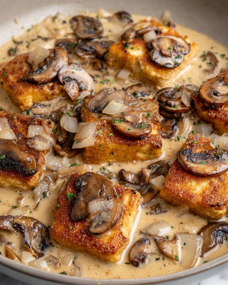 Creamy Sherry Tofu - This image shows six browned chicken pieces in creamy light brown sauce, with sliced mushrooms and small chunks of translucent onion scattered over and around the chicken. The chicken pieces are golden with a slightly crispy texture and are partly covered by the smooth, rich sauce. The mushrooms are dark brown and beige, adding contrast and texture, and the onions add lightness among the earthy tones. The whole dish sits on a white marbled surface. Photo taken with an iphone --ar 2:3 --v 7