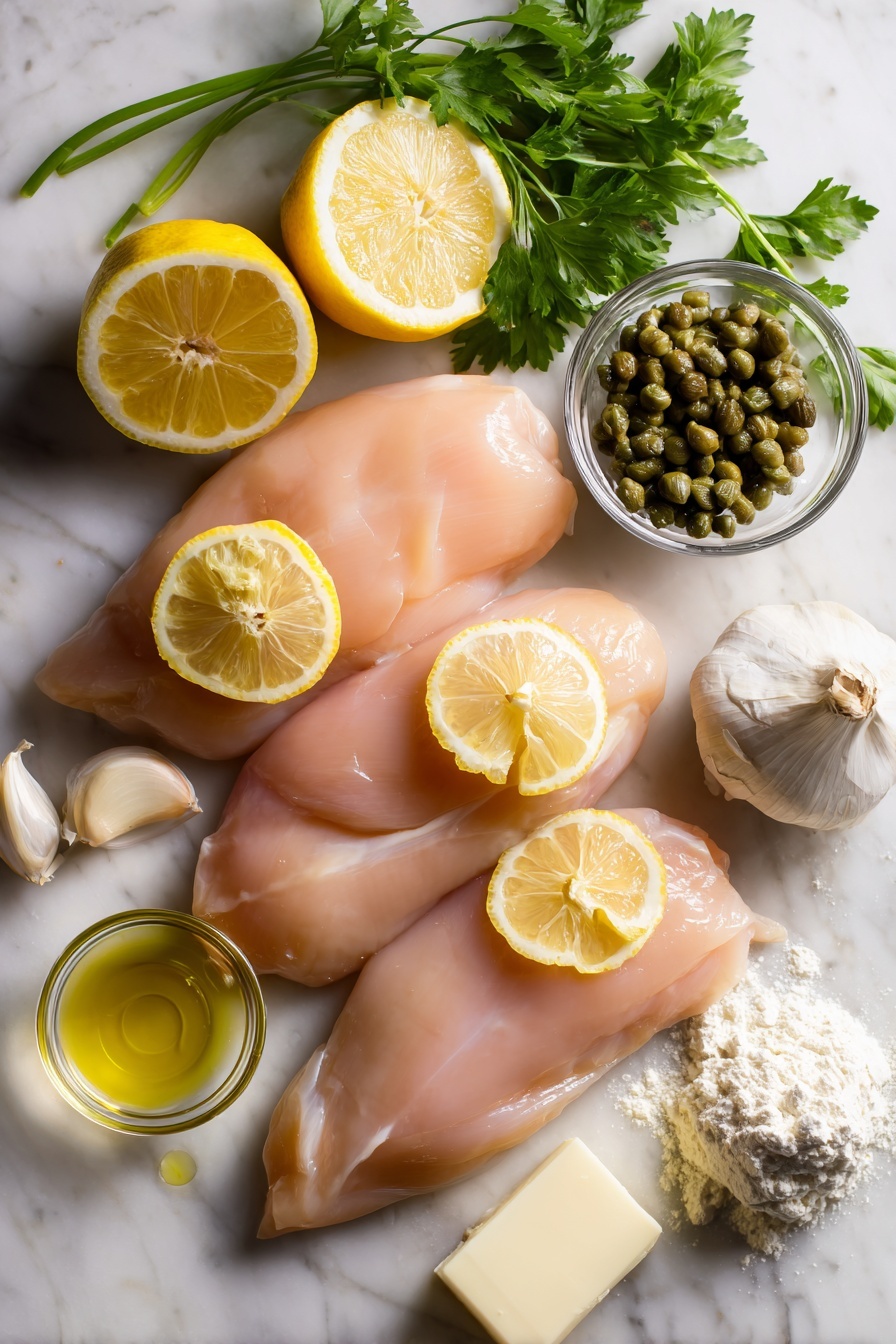 Creamy Lemon Chicken - Flat lay of four raw boneless, skinless chicken breasts with a pale pink, smooth texture, bright yellow lemon slices with glossy rinds and juicy pulp, small glass bowl of green capers glistening with brine, fresh parsley sprigs with vibrant green leaves, whole garlic bulbs and peeled white garlic cloves showing smooth skin, a stick of creamy butter with a pale yellow color, a small mound of white flour with soft, powdery texture, and a small pool of golden olive oil reflecting light, all beautifully arranged with natural spacing and gentle shadows, placed on white marbled surface, photo taken with an iphone --ar 2:3 --v 7