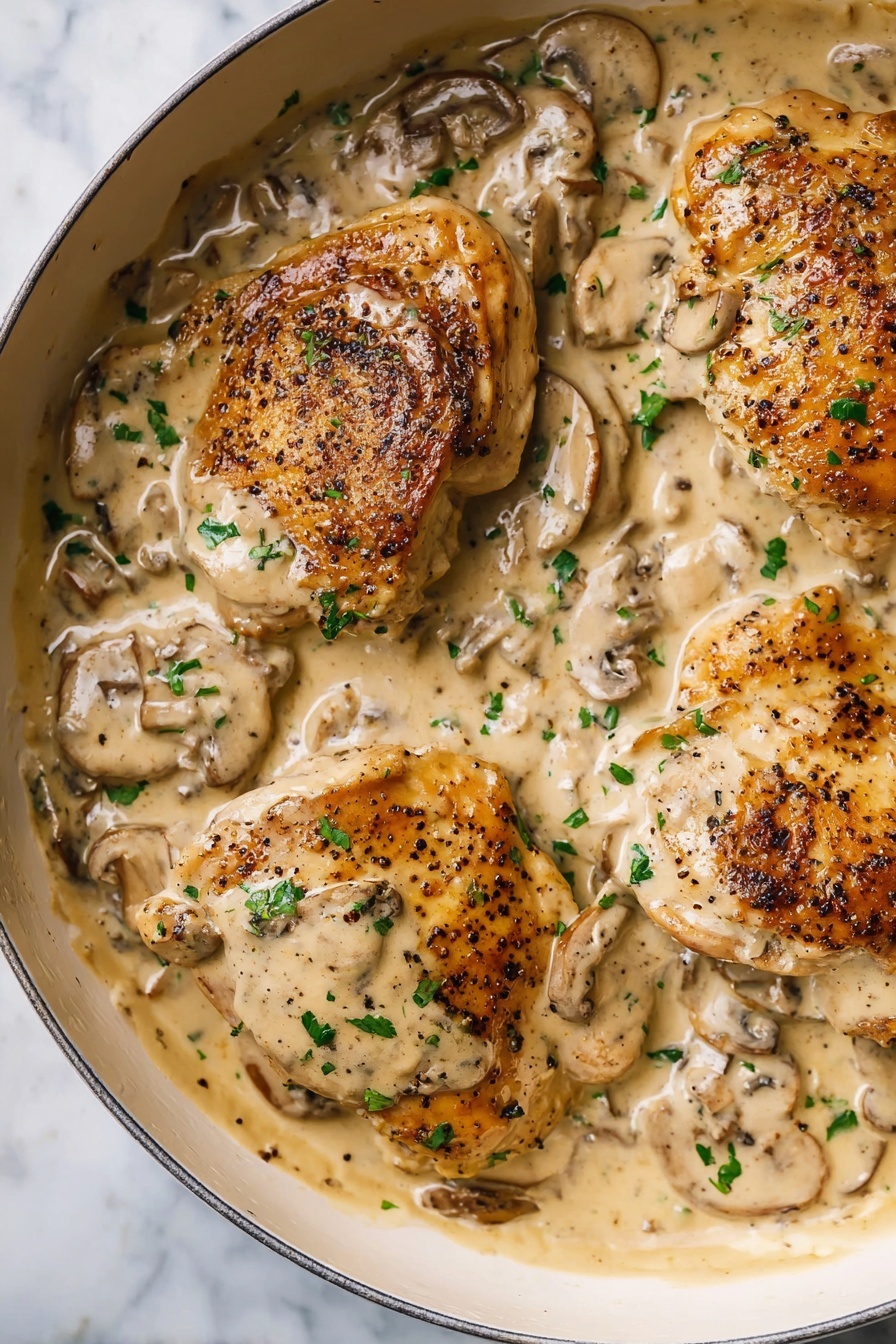 Chicken with Creamy Mushroom Sauce - The dish shows a white plate with three main layers: at the bottom, there are golden-brown cooked chicken slices with visible grill marks, topped by a creamy beige mushroom sauce that contains large, soft mushroom slices and small bits of herbs. To the right side of the plate, there is a generous scoop of white mashed potatoes with some black pepper and green herbs sprinkled on top, while in the far right corner, a small portion of bright green beans is visible. The white marbled surface underneath the plate adds a clean and fresh look. Photo taken with an iphone --ar 2:3 --v 7