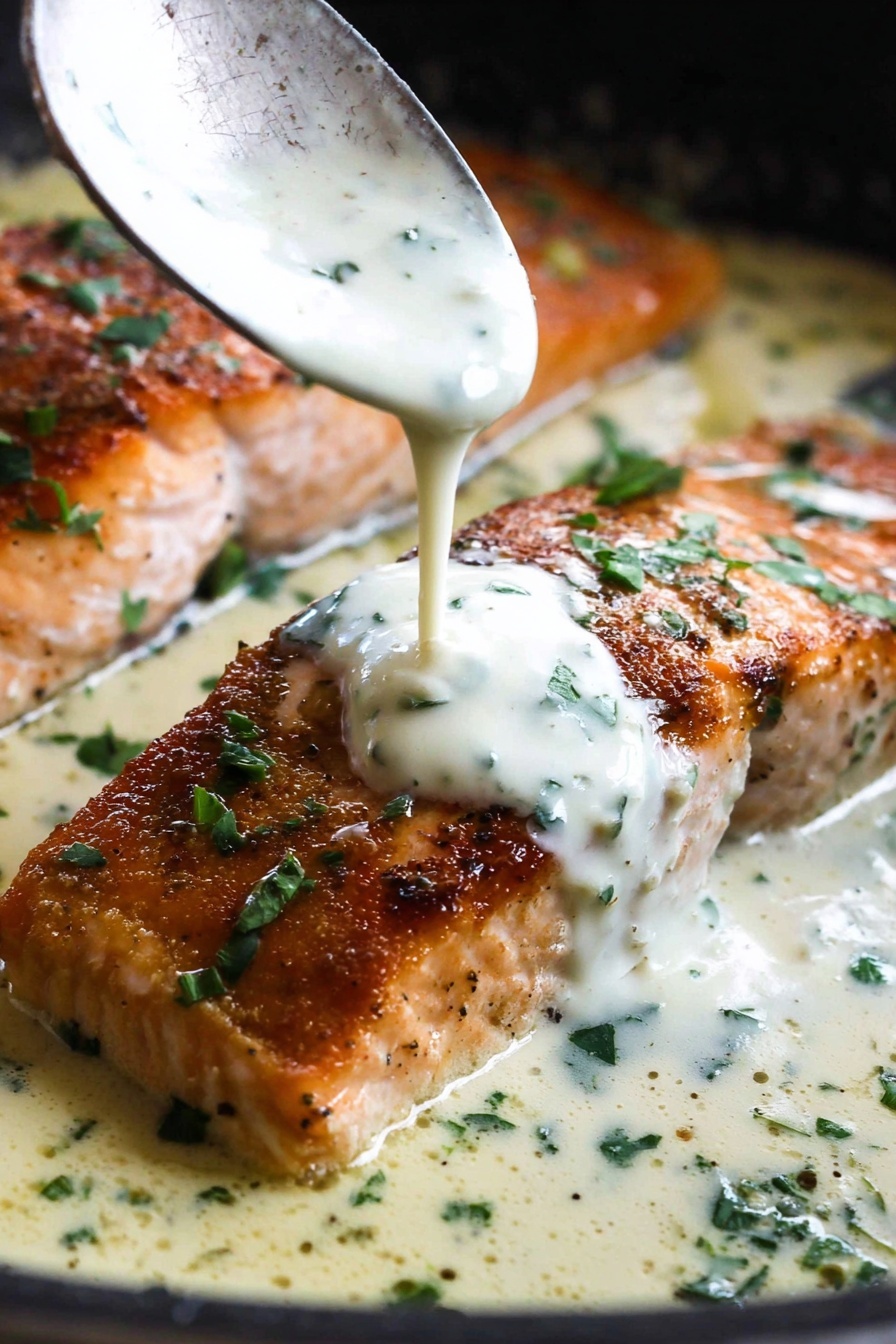 Creamy Garlic Salmon - A black plate holds three main parts: bright green broccolini placed at the top, white mashed potatoes with some black pepper sprinkled on top on the left, and a piece of cooked salmon on the right. The salmon has a light golden crust and is topped with a creamy white sauce and green herb bits scattered over it. A fork rests on the plate, touching the salmon, and the surface beneath the plate is white marble. photo taken with an iphone --ar 2:3 --v 7