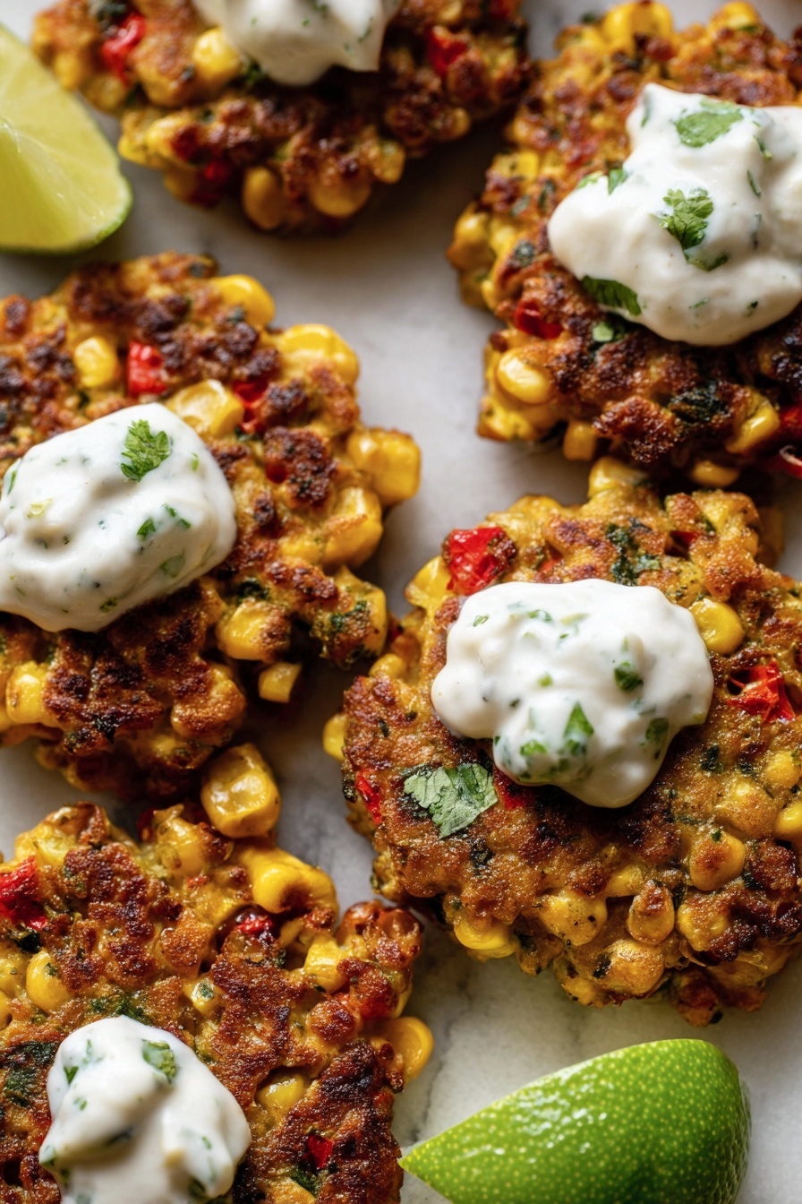 The image shows a white plate with four round corn fritters on it. Each fritter has a crispy, golden-brown outside with visible corn kernels mixed with small bits of red and green vegetables. Two of the fritters have a dollop of white sauce on top, with some green herbs sprinkled over them. One fritter near the bottom has a piece broken off on a black fork, revealing the soft inside. To the left of the fritters on the plate are two lime wedges. The plate is set on a white marbled surface with a small glass bowl of white sauce and a blue cloth napkin nearby. Photo taken with an iphone --ar 2:3 --v 7