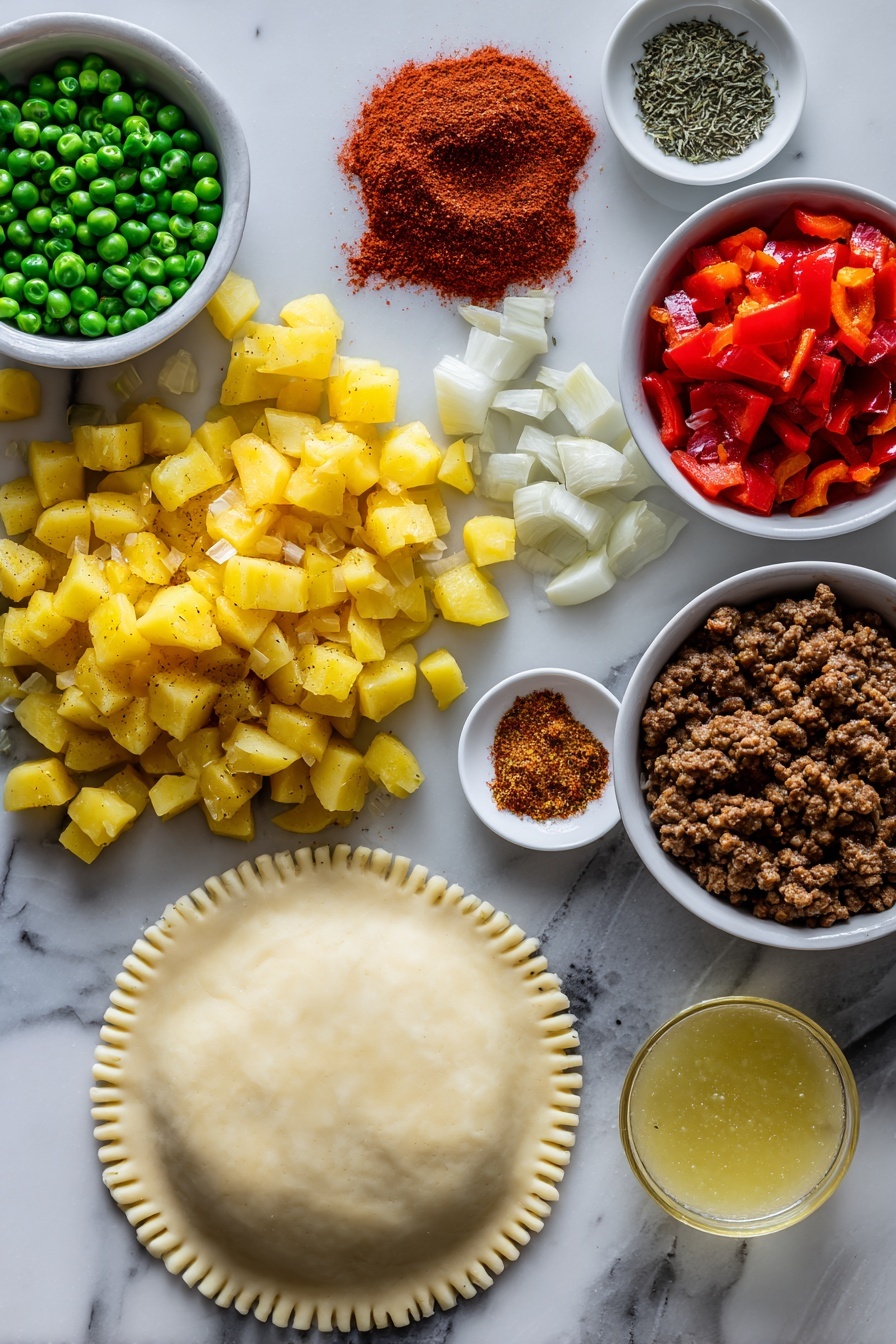 Flat lay of diced golden potatoes, ground beef browned with minced yellow onion, vibrant red bell pepper pieces, bright green frozen peas, crushed garlic cloves, rich tomato paste dollop, scattered paprika, cumin, oregano, and chili powder powders, alongside smooth circles of pale pie crust dough, and a small bowl of glossy egg wash, all beautifully arranged on a white marble surface, photo taken with an iphone --ar 2:3 --v 7