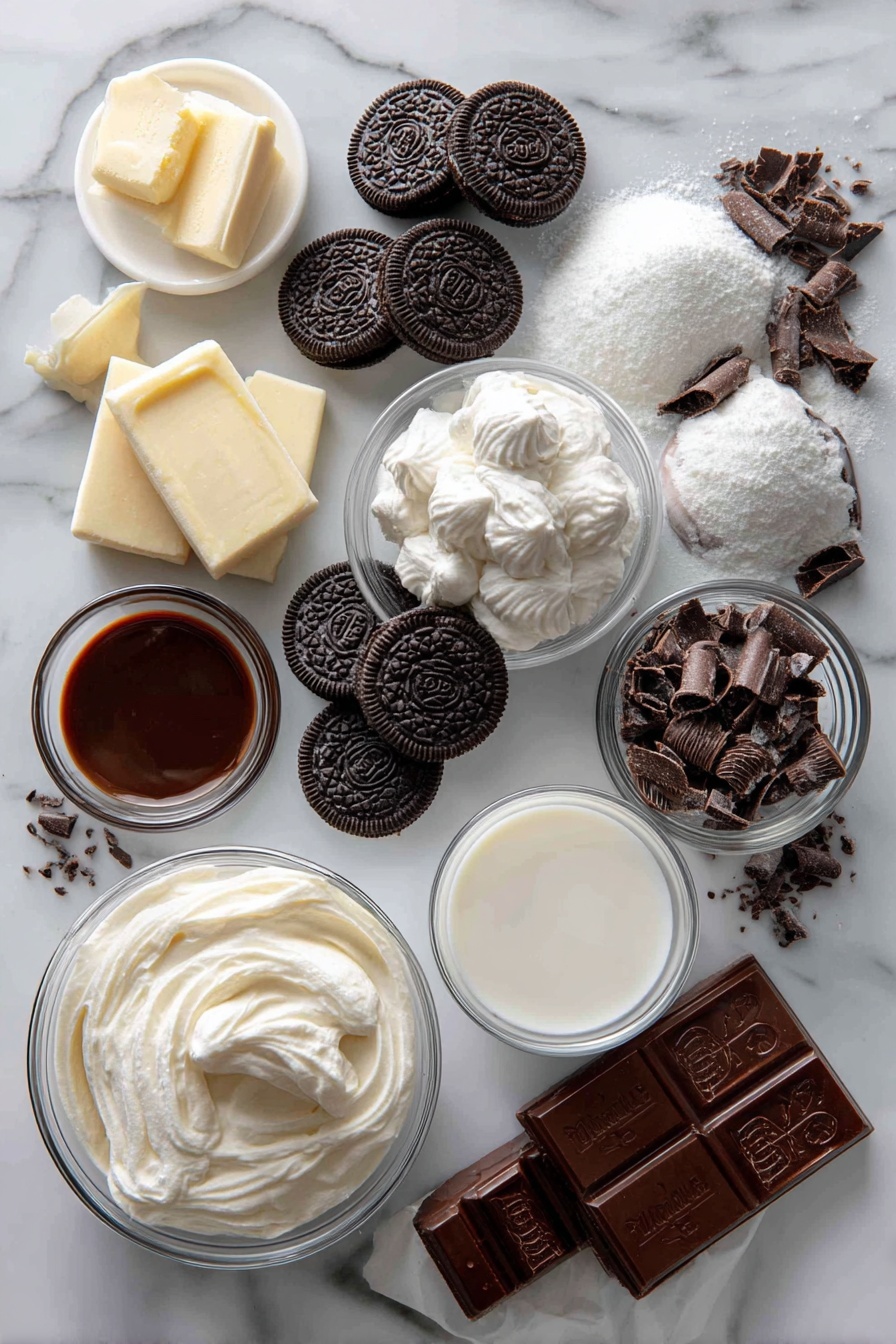 Flat lay of whole and crushed Oreo cookies, softened cream cheese, smooth cool whip dollops, instant vanilla pudding powder box, instant chocolate pudding powder box, a small glass of milk, melted butter in a clear dish, powdered sugar mound, chocolate syrup drizzle, and delicate chocolate curls scattered around, all beautifully arranged and contrasting with each other, placed on a white marble surface, photo taken with an iphone --ar 2:3 --v 7