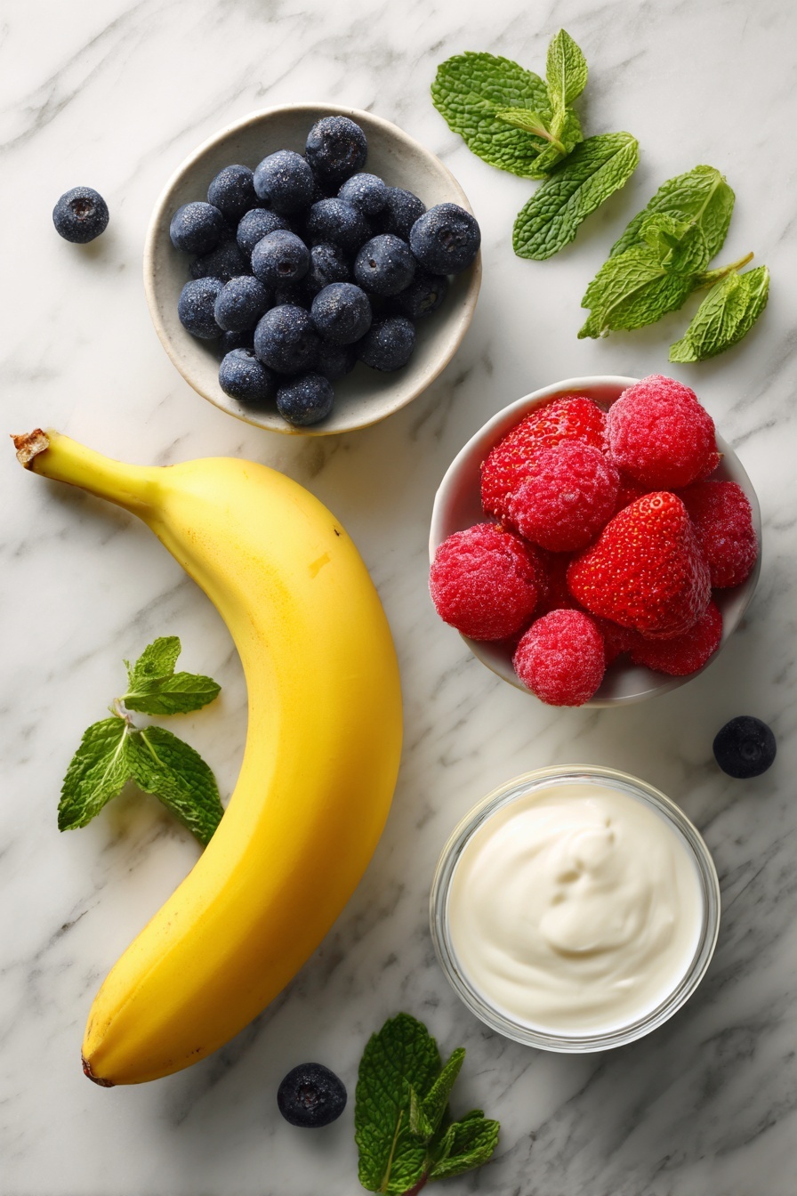 Flat lay of a ripe banana with bright yellow skin, vibrant frozen strawberries, deep blue frozen blueberries, rich red frozen raspberries, a small bowl of creamy plain Greek yogurt, and a glass of smooth unsweetened almond milk, all arranged beautifully with fresh green mint leaves scattered around for color contrast, placed on a white marble surface, photo taken with an iphone --ar 2:3 --v 7