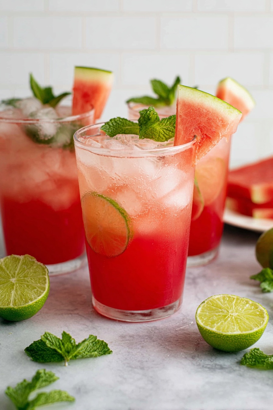 The image shows three clear glasses filled with a layered watermelon drink on a white marbled surface. Each glass has a bottom layer of deep red watermelon juice that fades upward into a lighter pinkish liquid with ice cubes floating inside. There are thin slices of lime inside the glasses. Each glass is garnished with a fresh green mint sprig and a small triangular slice of watermelon placed at the rim. Around the glasses, there are extra watermelon slices, lime halves, and fresh mint leaves scattered on the white marbled surface. A white tile wall is visible in the background. Photo taken with an iphone --ar 2:3 --v 7