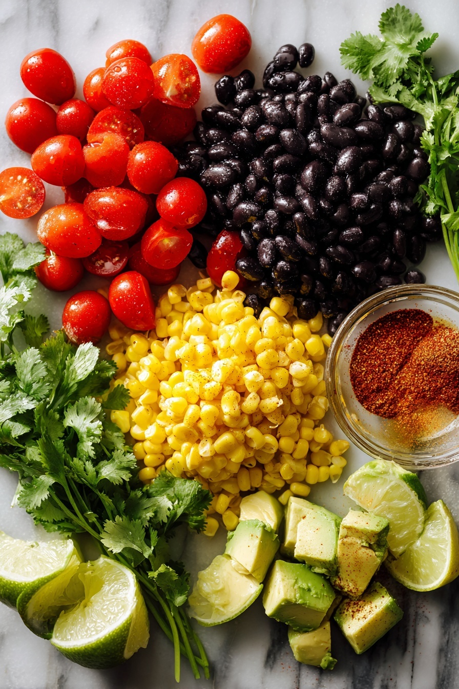 Flat lay of shiny black beans, bright yellow corn kernels, halved red cherry tomatoes, fresh green cilantro leaves, juicy lime wedges, smooth diced avocado chunks, and a small pile of golden agave syrup, all vividly arranged with a sprinkle of cayenne pepper dust, placed on a white marble surface, photo taken with an iphone --ar 2:3 --v 7