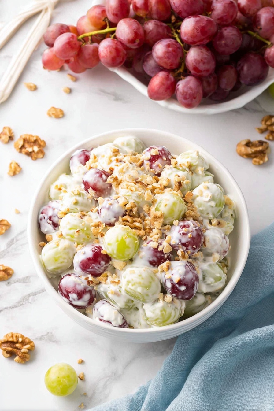 A white bowl filled with a creamy grape salad. The base layer is a mix of whole green and red grapes, all covered in a thick, white creamy dressing. On top, small chopped nuts and light brown crumbs are sprinkled evenly over the grapes, adding texture and color contrast. The background shows a soft blue cloth on a white marbled surface. photo taken with an iphone --ar 2:3 --v 7