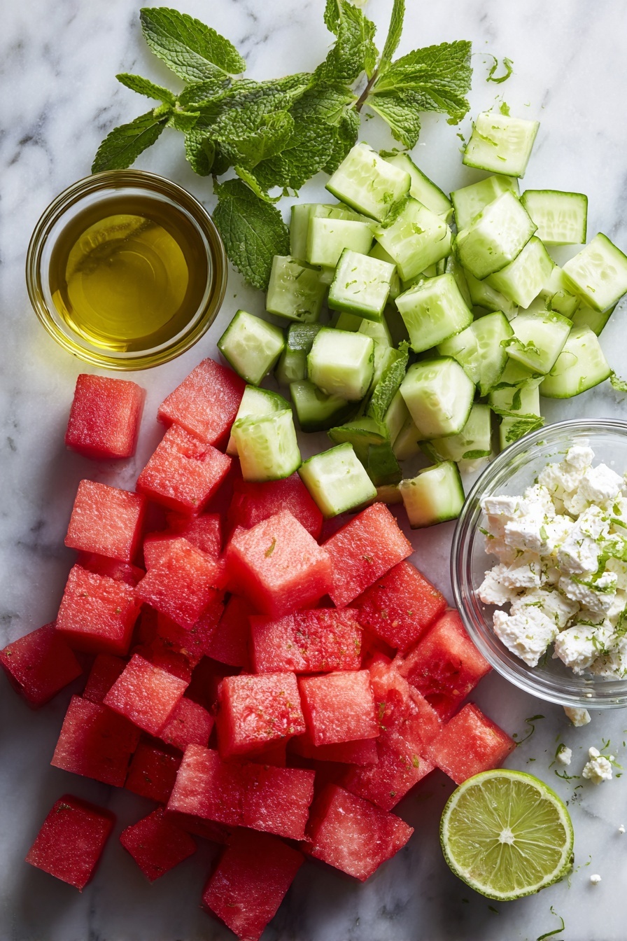Flat lay of bright red cubed seedless watermelon, crisp green cubed English cucumber, fresh torn mint leaves, crumbly white feta cheese, a small glass bowl of extra virgin olive oil, and a lime halved with one wedge, arranged beautifully with a few mint sprigs scattered around, placed on a white marble surface, photo taken with an iphone --ar 2:3 --v 7