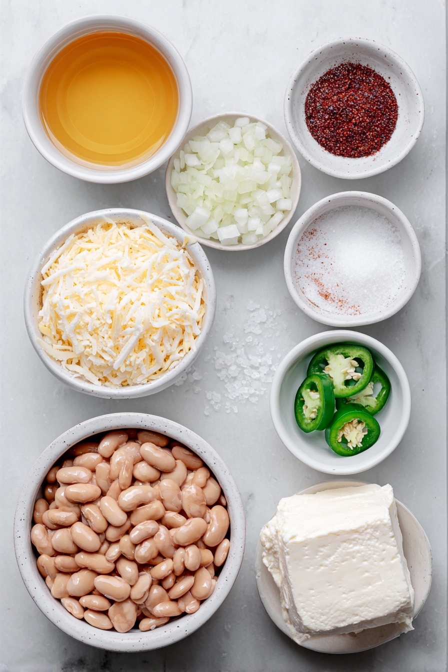 Flat lay of a small white ceramic bowl of golden corn oil, a small white ceramic bowl of finely diced yellow onion, a few fresh sliced green jalapeño rings, a small white ceramic bowl filled with dried light brown pinto beans, a small white ceramic bowl of rich golden chicken broth, a small white ceramic bowl of coarse white salt, a small white ceramic bowl of pale beige garlic powder, a small white ceramic bowl of deep red chili powder, a small white ceramic dish with a chunk of creamy white lard placed on a clean white marble surface, soft natural light, photo taken with an iPhone, professional food photography style, fresh ingredients, white ceramic bowls, no bottles, no duplicates, no utensils, no packaging --ar 2:3 --v 7 --p awthu7i m7354615311229779997