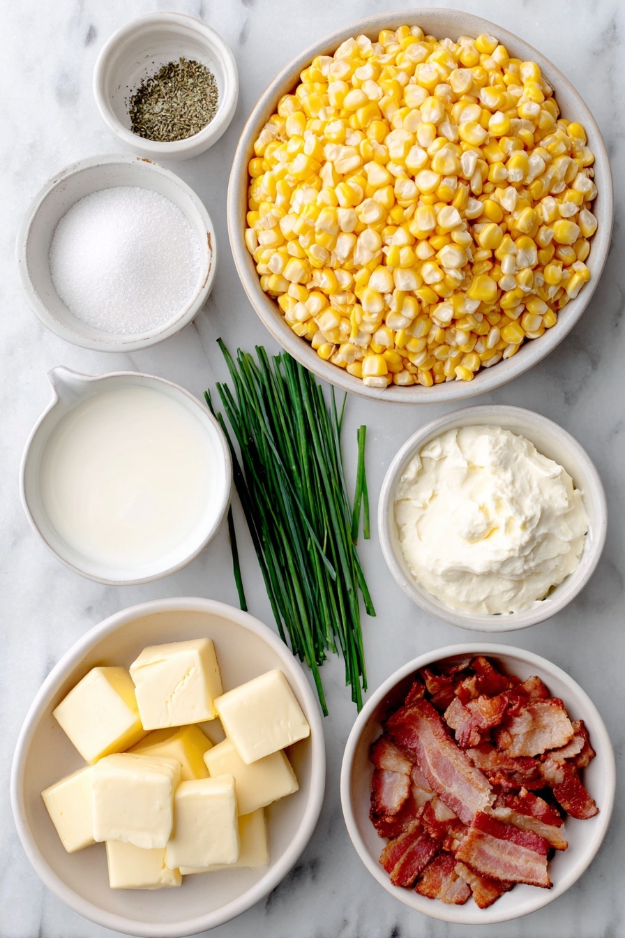 Flat lay of a mound of bright yellow fresh corn kernels, a small white bowl of granulated sugar, a small white bowl of coarse salt, a small white bowl filled with creamy whole milk, several cubes of pale yellow butter, a block of smooth cream cheese cut into cubes, a small white bowl of ground black pepper, crisp crumbled bacon pieces, and a small bunch of thinly sliced fresh chives arranged in a simple white ceramic bowl, all perfectly balanced and symmetrical, placed on a clean white marble surface, soft natural light, photo taken with an iPhone, professional food photography style, fresh ingredients, white ceramic bowls, no bottles, no duplicates, no utensils, no packaging --ar 2:3 --v 7 --p awthu7i m7354615311229779997