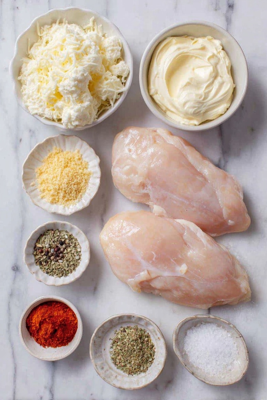 Flat lay of two raw boneless skinless chicken breasts, a small white ceramic bowl of creamy mayonnaise, a small white ceramic bowl filled with freshly grated parmesan cheese, a small white ceramic bowl holding golden Panko breadcrumbs, a small white ceramic bowl with a light dusting of garlic powder, a small white ceramic bowl containing Italian seasoning herbs, a small white ceramic bowl with vibrant red paprika powder, a small white ceramic bowl of freshly ground black pepper, a small white ceramic bowl of fine sea salt, all arranged symmetrically on a clean white marble surface, soft natural light, photo taken with an iPhone, professional food photography style, fresh ingredients, white ceramic bowls, no bottles, no duplicates, no utensils, no packaging --ar 2:3 --v 7 --p awthu7i m7354615311229779997