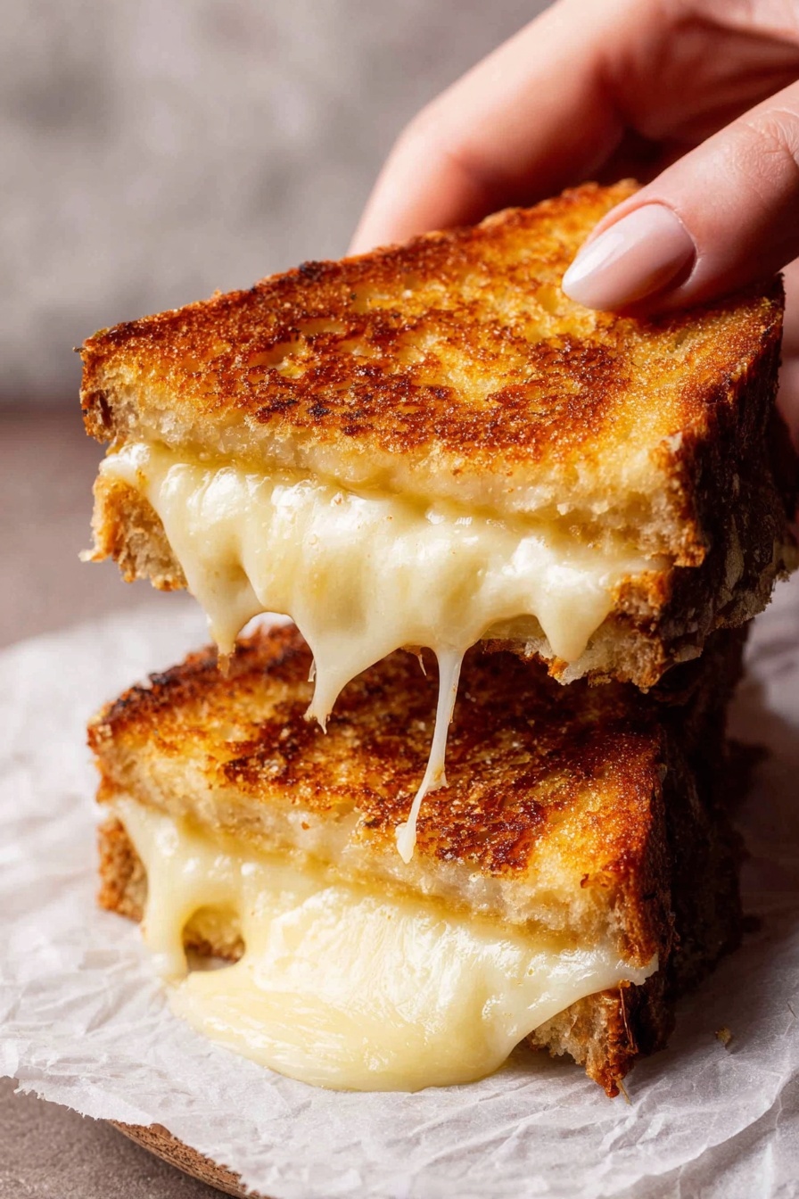 A grilled cheese sandwich being pulled apart by two woman's hands, showing melted cheese stretching between the two halves. The bread is golden brown and toasted with a crispy texture, and the cheese inside is white and stringy, stretching in long thin lines. The background has a simple white marbled texture. photo taken with an iphone --ar 2:3 --v 7
