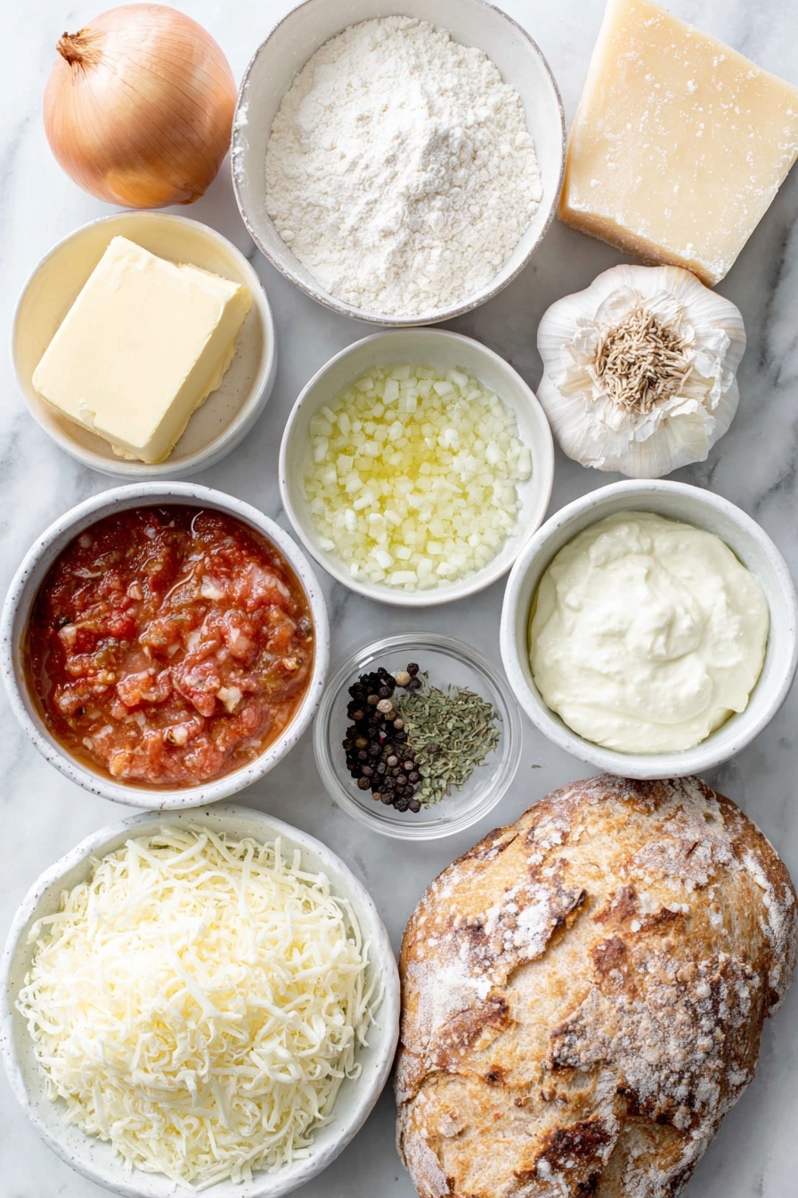 Flat lay of fresh whole yellow onion with papery skin, several peeled garlic cloves, a small mound of pale all-purpose flour on a white ceramic plate, a few tablespoons of pale yellow unsalted butter in a small white bowl, a small white bowl filled with vibrant red crushed tomatoes, another small white bowl with thick dark red tomato paste, a small white bowl containing creamy white heavy whipping cream, a piece of pale off-white parmesan rind, a few grinds of black peppercorns scattered near a small white bowl of fine salt crystals, two rustic slices of golden crusted sourdough bread, two slices of pale yellow white cheddar cheese, two slices of fresh white mozzarella cheese, and a small white bowl with golden extra virgin olive oil, all arranged symmetrically and spaced evenly, placed on a clean white marble surface, soft natural light, photo taken with an iPhone, professional food photography style, fresh ingredients, white ceramic bowls, no bottles, no duplicates, no utensils, no packaging --ar 2:3 --v 7 --p awthu7i m7354615311229779997