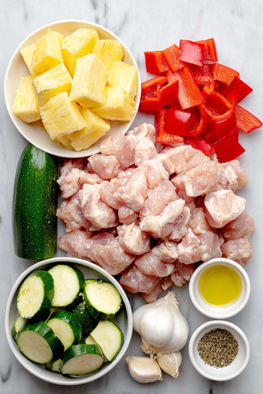 Flat lay of a pile of fresh boneless, skinless chicken breast pieces cut into cubes, vibrant red bell pepper chunks, crisp white onion wedges, bright green zucchini slices, golden pineapple chunks, six whole peeled garlic cloves, small white ceramic bowls holding golden honey and extra virgin olive oil, and small piles of coarse sea salt and ground black pepper, all arranged symmetrically in a balanced composition on a simple white ceramic plate and bowls, placed on a clean white marble surface, soft natural light, photo taken with an iPhone, professional food photography style, fresh ingredients, white ceramic bowls, no bottles, no duplicates, no utensils, no packaging --ar 2:3 --v 7 --p awthu7i m7354615311229779997