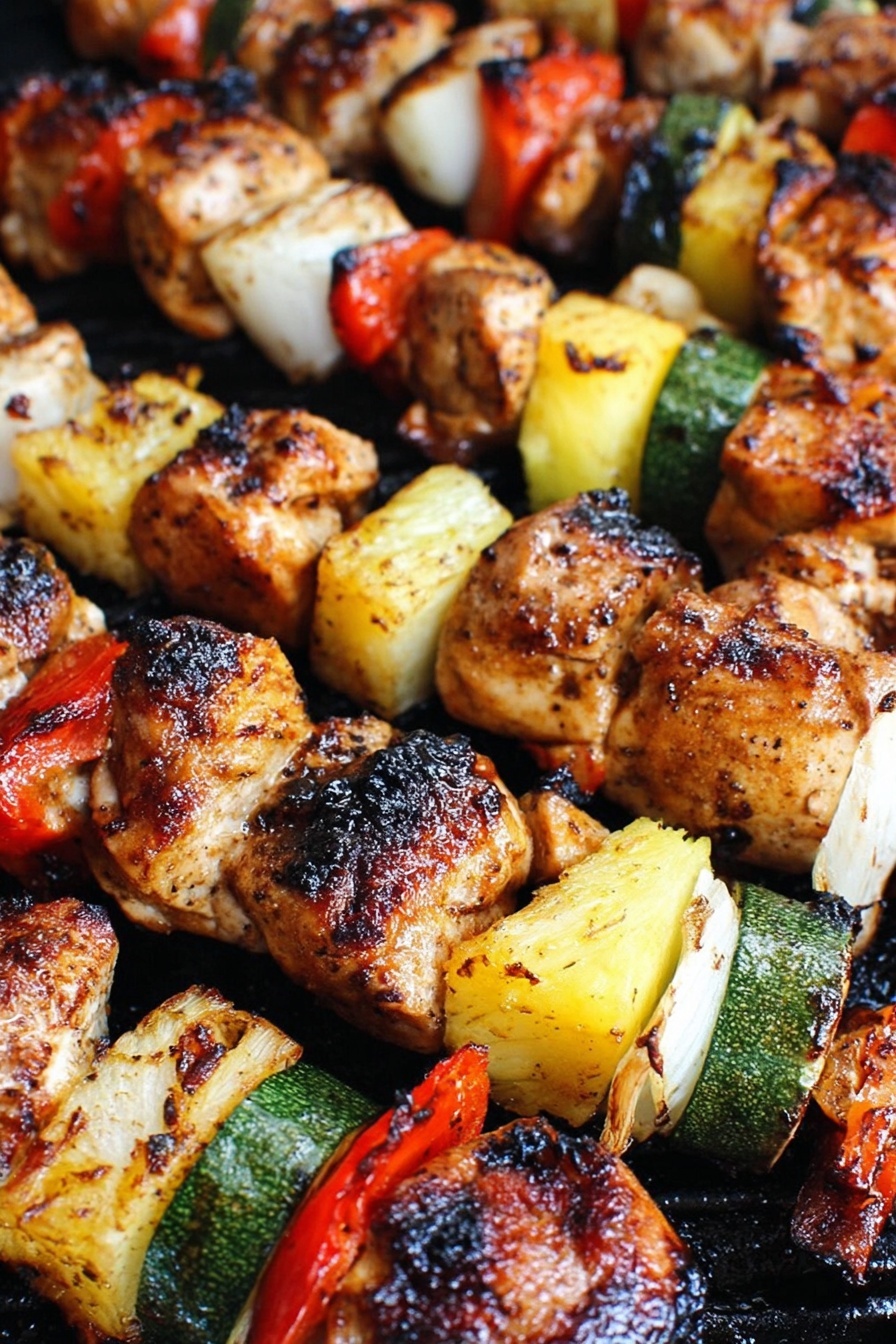 The image shows many grilled skewers with layers of cooked chicken pieces that are brown with some black grill marks. Between the chicken pieces are slices of red bell pepper, white onion chunks, green zucchini rounds, and yellow pineapple cubes, creating a colorful mix. Each skewer has repeated layers of these vegetables and meat, with the chicken being the largest pieces. The grilled surface beneath the skewers is dark and charred. The whole scene is close-up, focusing on the texture and colors of the grilled food. photo taken with an iphone --ar 2:3 --v 7