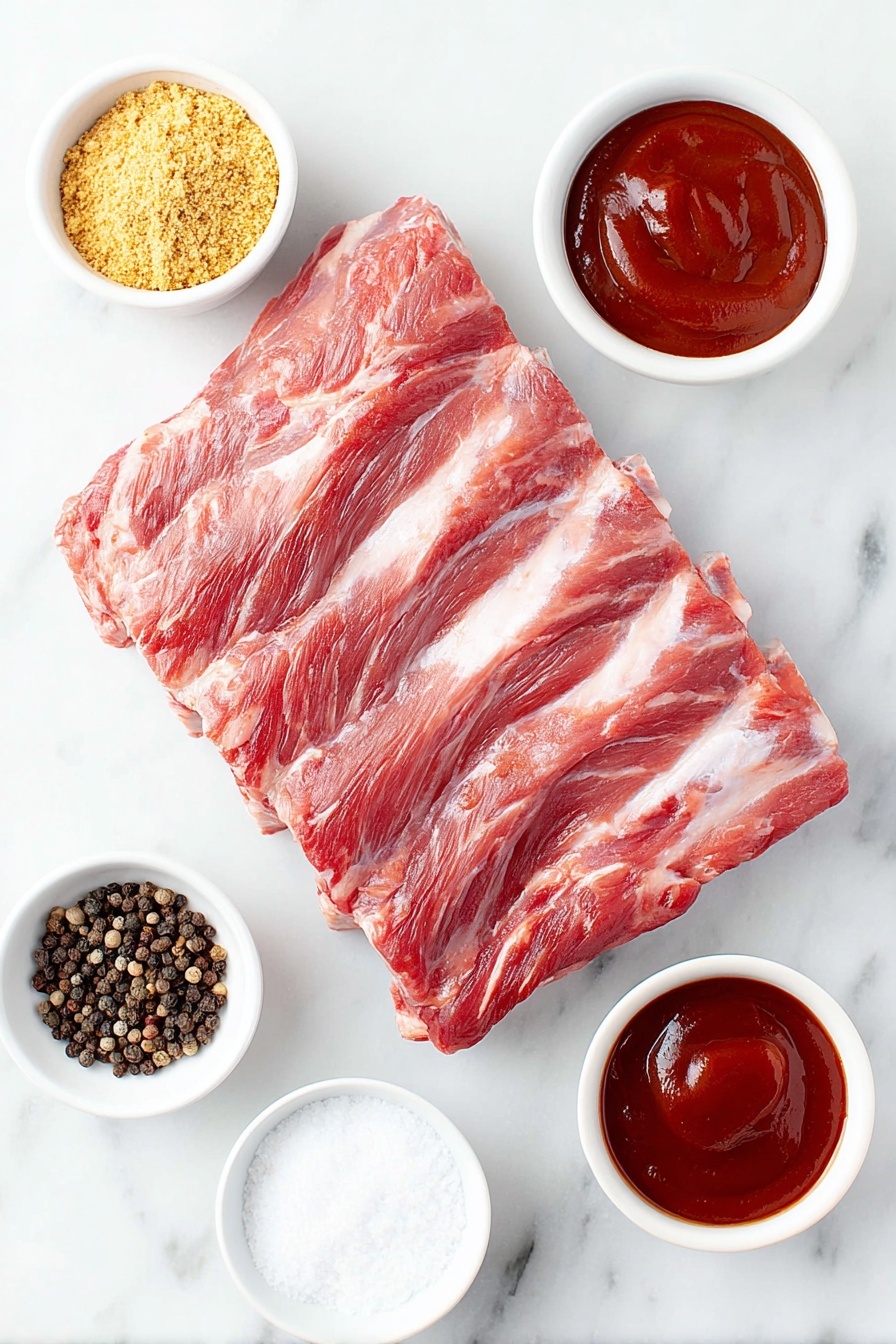 Flat lay of a whole rack of fresh raw pork ribs with visible marbling and bone structure, a small white ceramic bowl filled with coarse whole grain mustard, a small white bowl containing bright red smoked paprika powder, another small white bowl with coarse salt crystals, a small white bowl with cracked black peppercorns, a small white bowl holding fine garlic powder, and a small white bowl filled with glossy deep reddish-brown barbecue sauce, all arranged symmetrically on a clean white marble surface, soft natural light, photo taken with an iPhone, professional food photography style, fresh ingredients, white ceramic bowls, no bottles, no duplicates, no utensils, no packaging --ar 2:3 --v 7 --p awthu7i m7354615311229779997