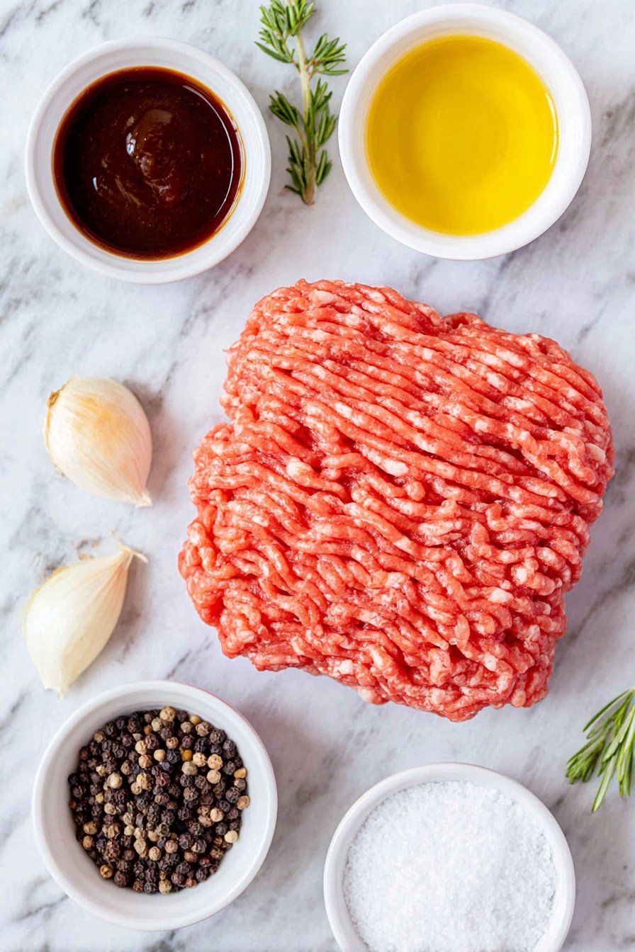 Flat lay of raw ground turkey formed into a thick patty, a small white ceramic bowl with golden extra virgin olive oil, a small white ceramic bowl filled with glossy dark Worcestershire sauce, a neat pile of coarse sea salt crystals, and a scattering of whole black peppercorns, all arranged in perfect symmetry on a clean white marble surface, soft natural light, photo taken with an iPhone, professional food photography style, fresh ingredients, white ceramic bowls, no bottles, no duplicates, no utensils, no packaging --ar 2:3 --v 7 --p awthu7i m7354615311229779997