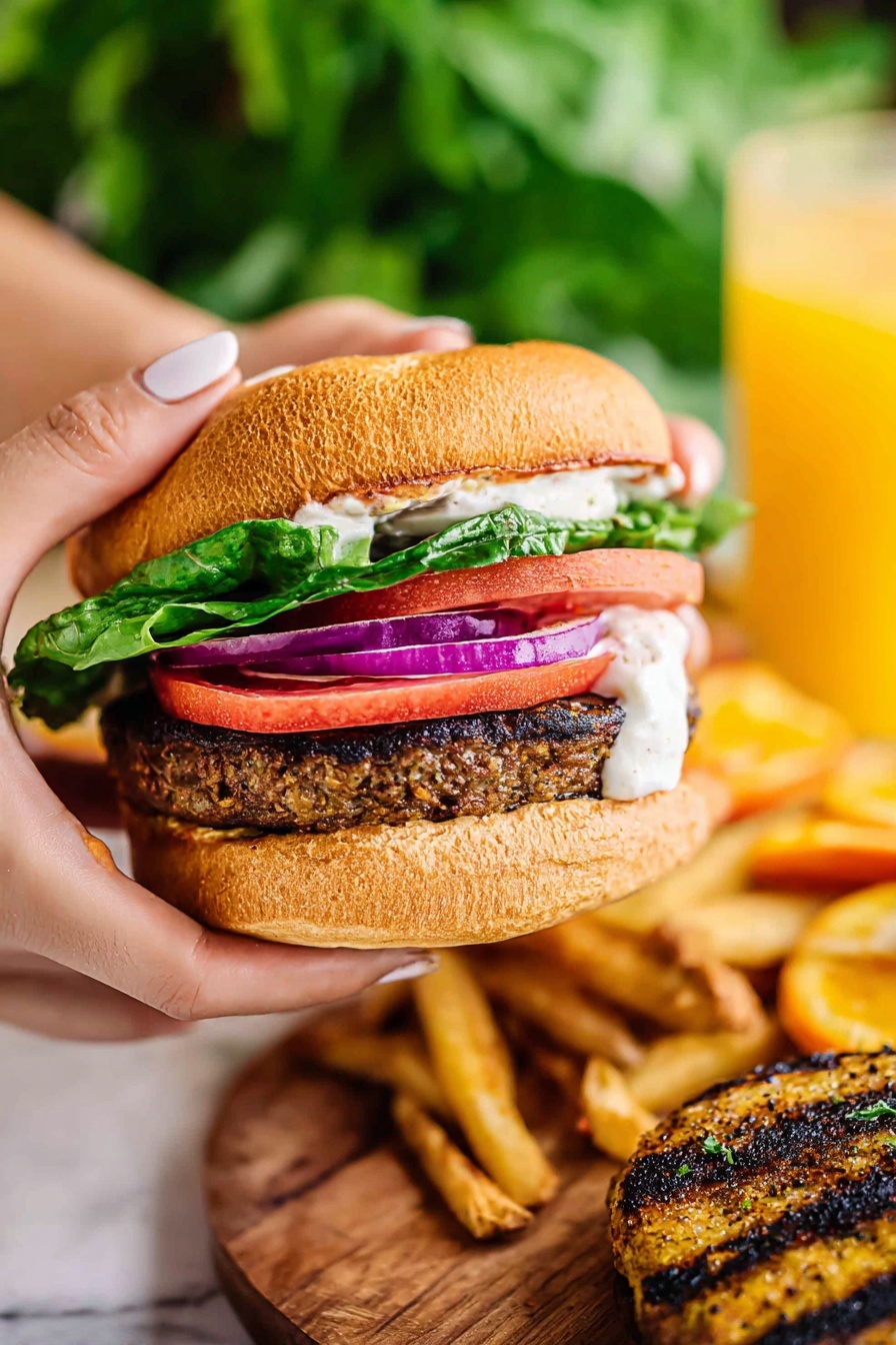 A sandwich with four visible layers sits on a wooden board against a white marbled background. The bottom layer is a toasted bun with a rough texture topped with chopped green olives spread thickly. Above it, there is a thick, browned patty with spices visible on its surface. On top of the patty is a creamy white sauce with green herbs mixed in. Above the sauce are red tomato slices, followed by thin purple onion rings, and finally, thin slices of green cucumber. The sandwich is covered with a toasted bun top that has a golden-brown crust. A second sandwich is blurred in the background. Photo taken with an iphone --ar 2:3 --v 7